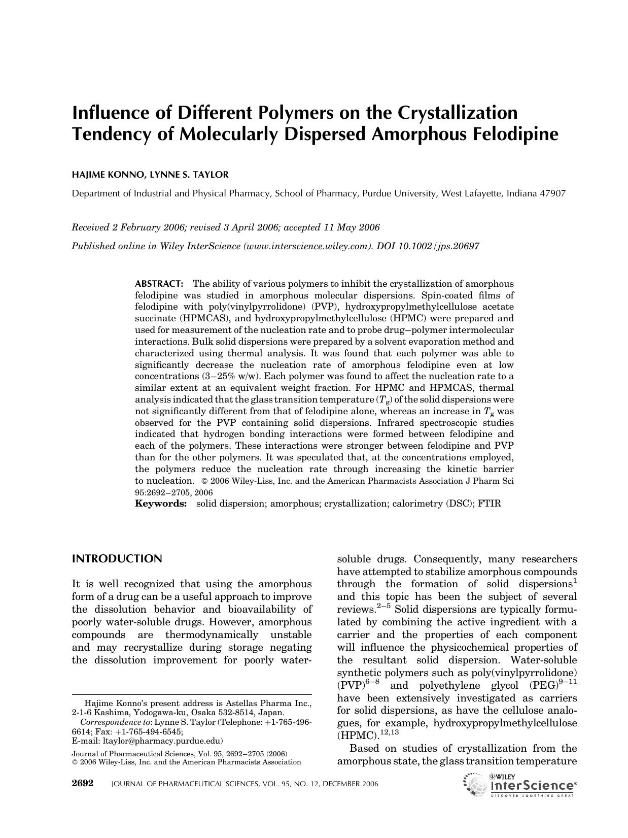 Influence of different polymers on the crystallization tendency of molecularly dispersed amorphous felodipine by Unknown