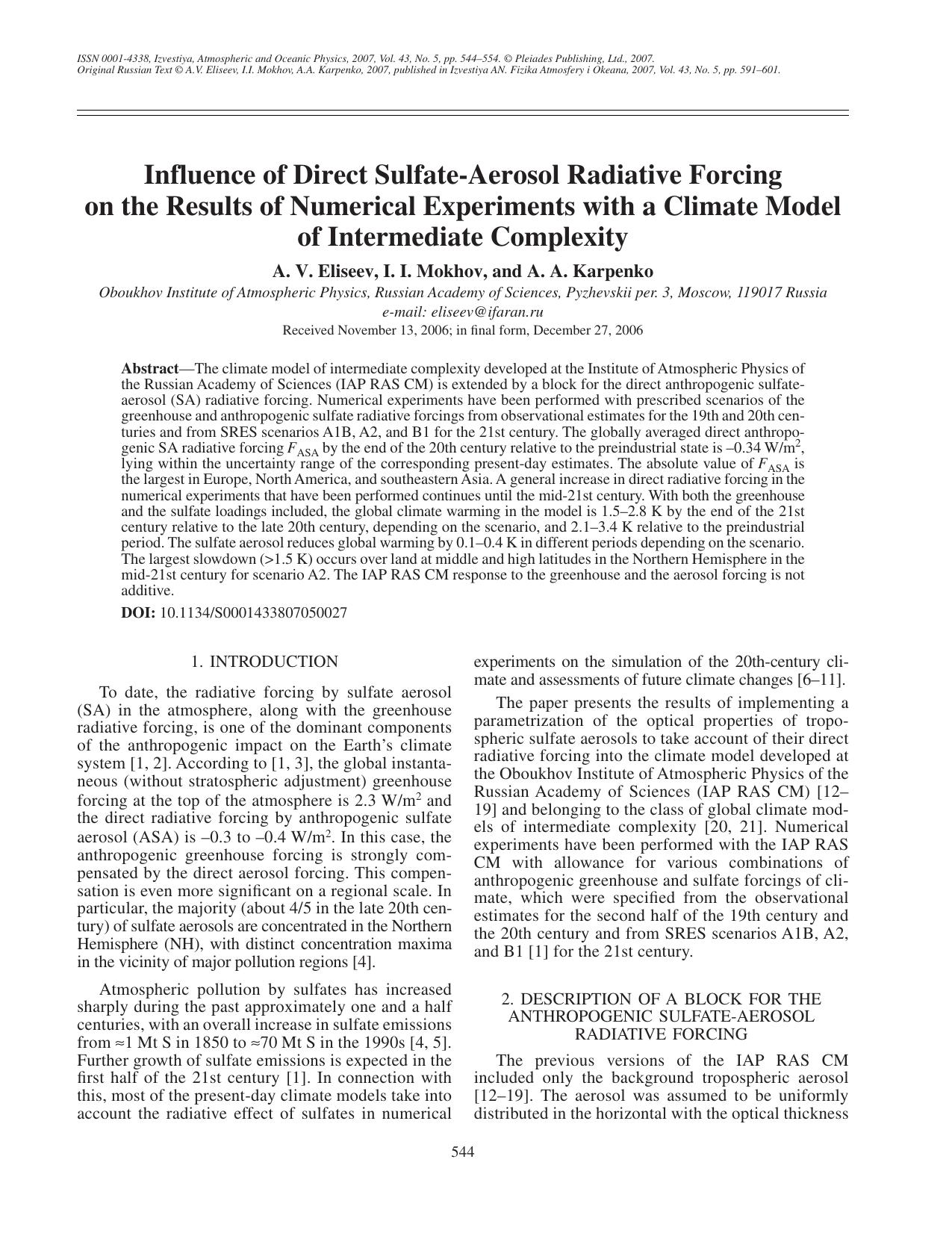 Influence of direct sulfate-aerosol radiative forcing on the results of numerical experiments with a climate model of intermediate complexity by Unknown