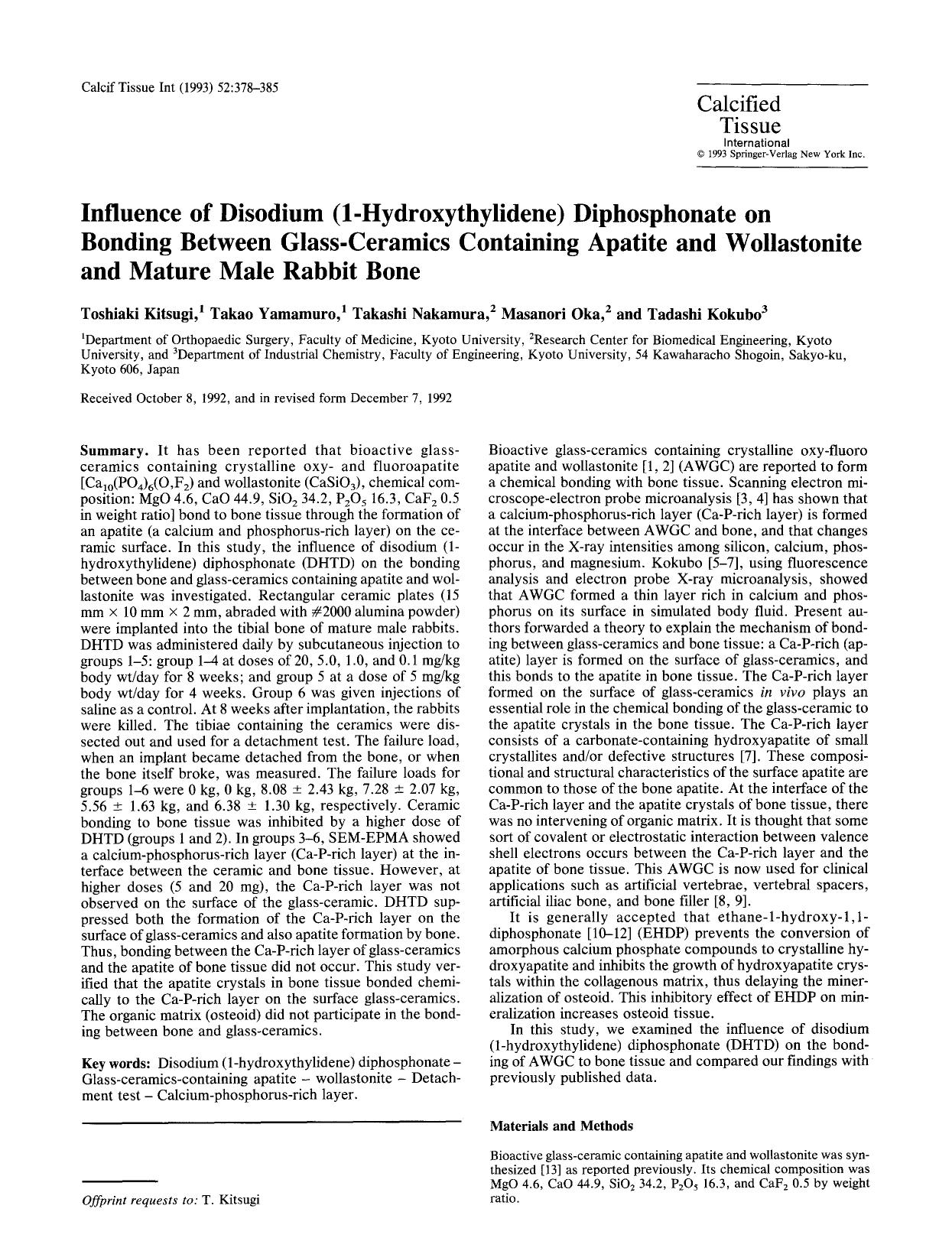 Influence of disodium (1-hydroxythylidene) diphosphonate on bonding between glass-ceramics containing apatite and wollastonite and mature male rabbit bone by Unknown