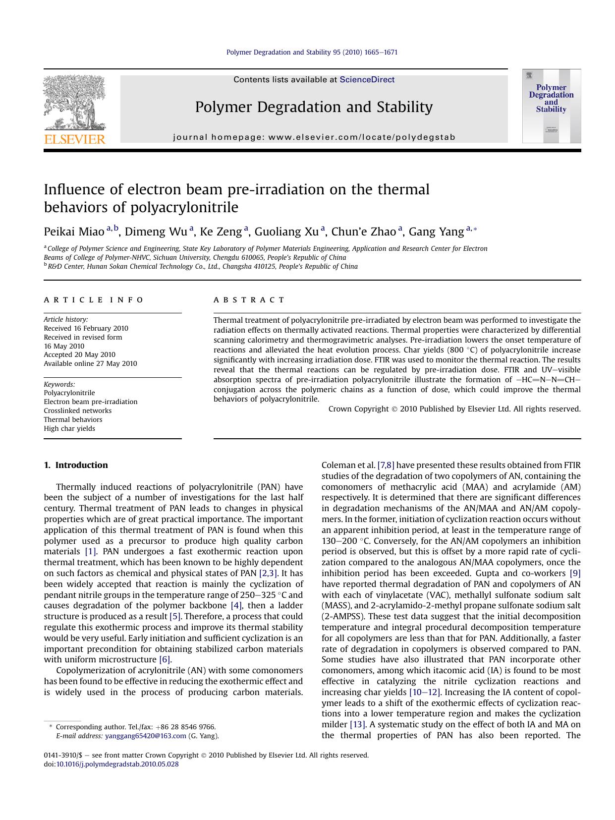 Influence of electron beam pre-irradiation on the thermal behaviors of polyacrylonitrile by Peikai Miao & Dimeng Wu & Ke Zeng & Guoliang Xu & Chun’e Zhao & Gang Yang