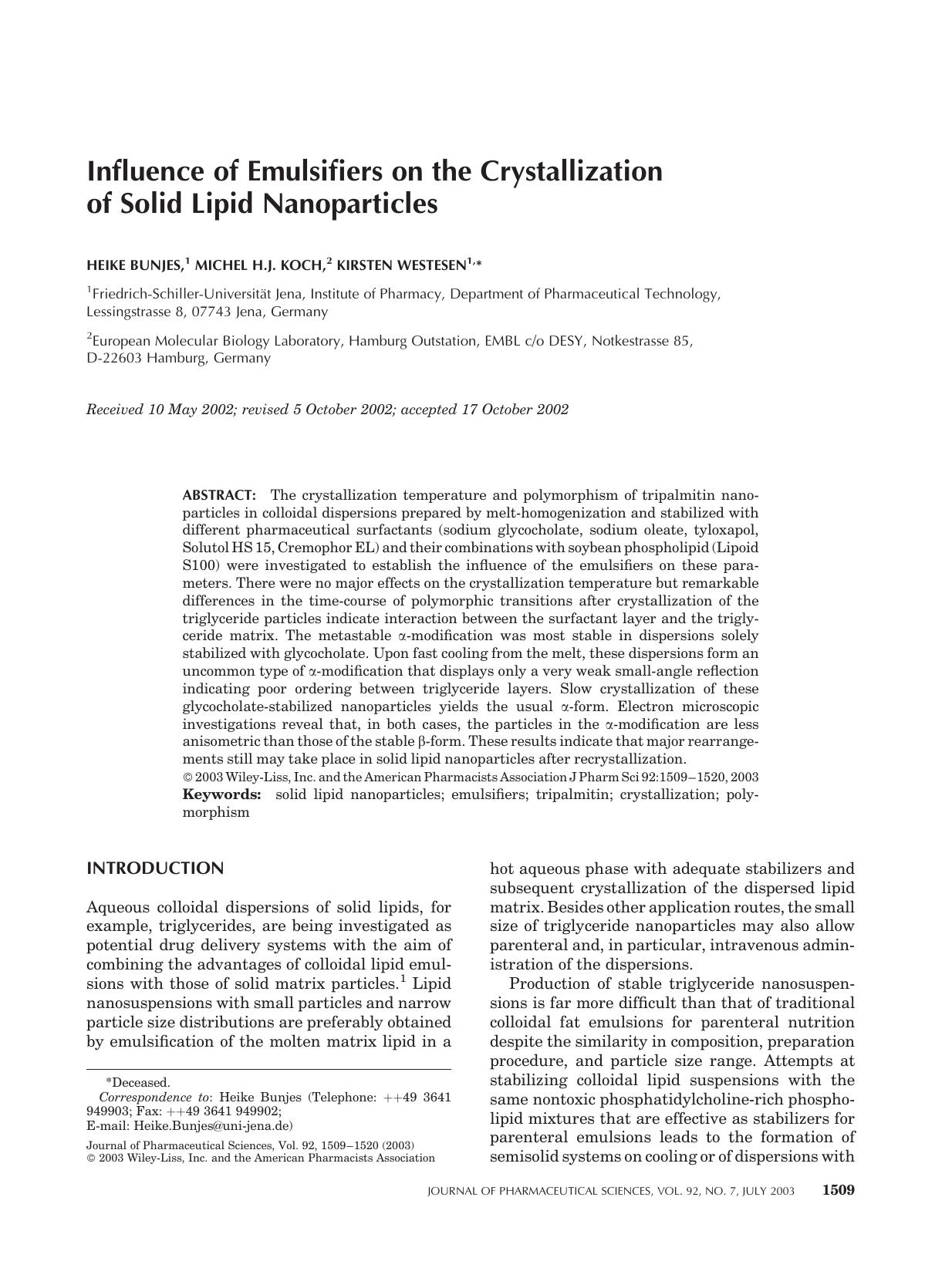 Influence of emulsifiers on the crystallization of solid lipid nanoparticles by Unknown