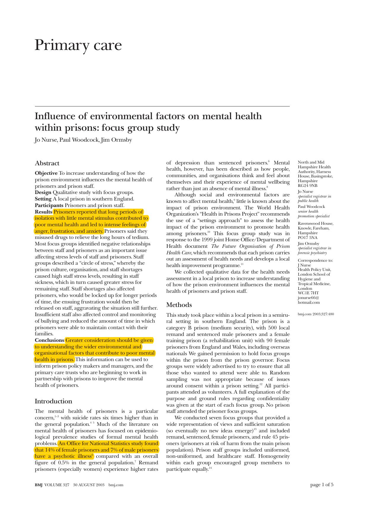 Influence of environmental factors on mental health within prisons:focus group study [article] by Jo Nurse Paul Woodcock Jim Ornsby