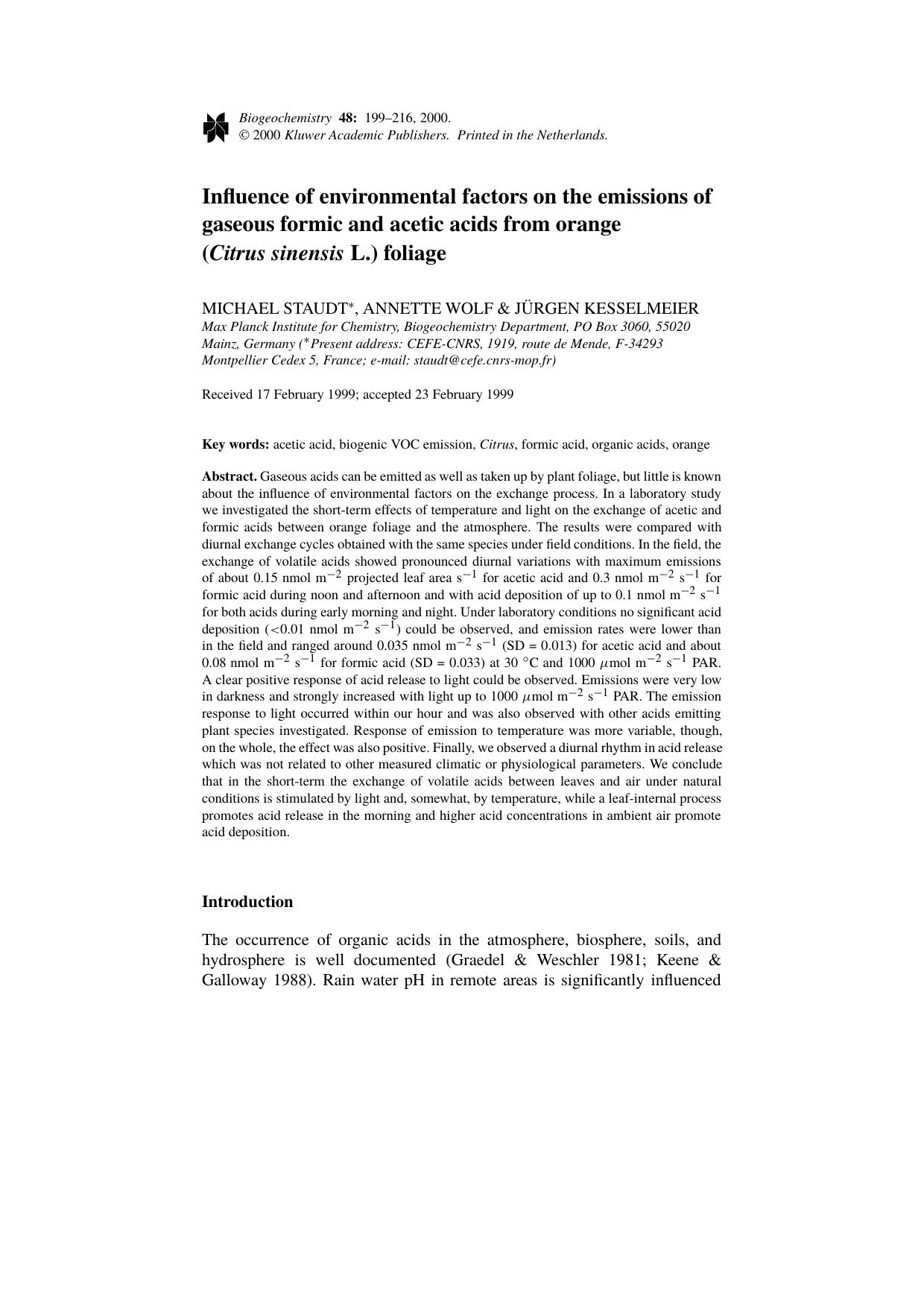 Influence of environmental factors on the emissions of gaseous formic and acetic acids from orange (Citrus sinensis L.) foliage by Unknown