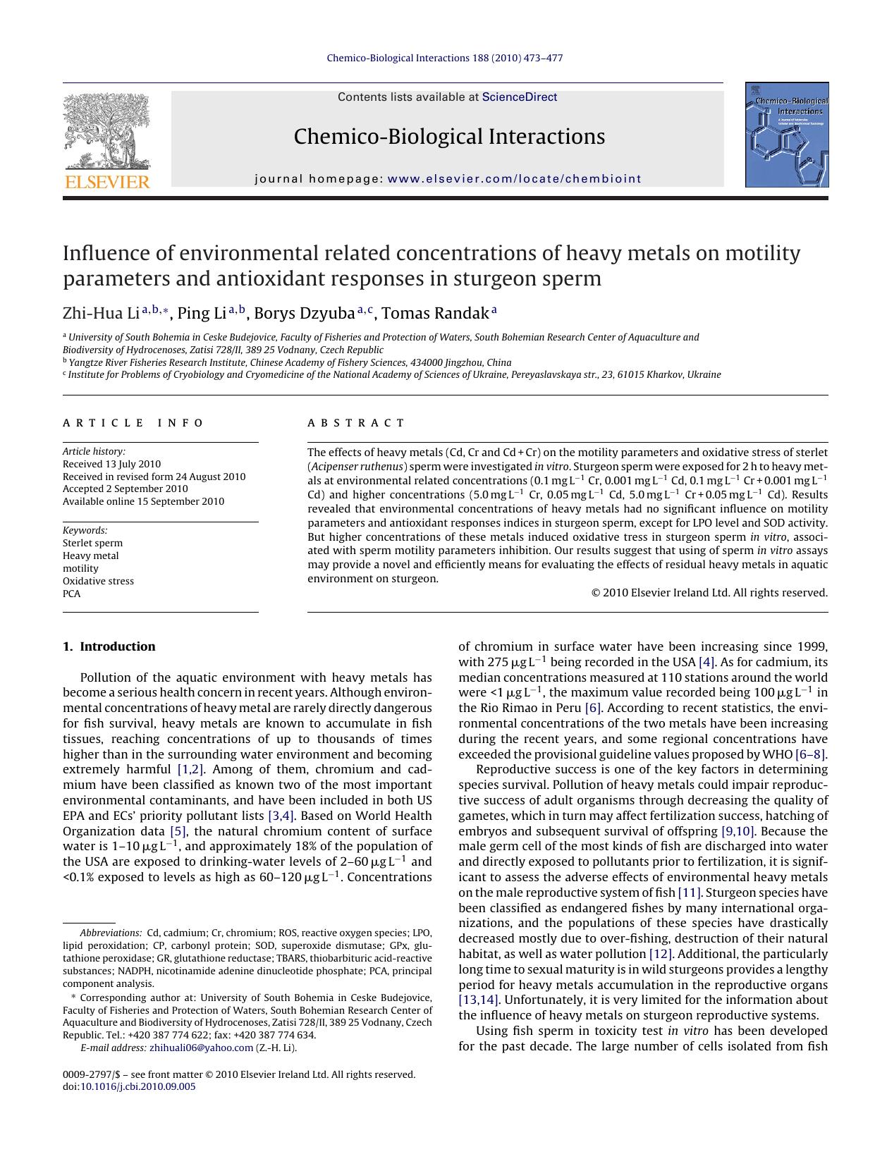 Influence of environmental related concentrations of heavy metals on motility parameters and antioxidant responses in sturgeon sperm by Zhi-Hua Li