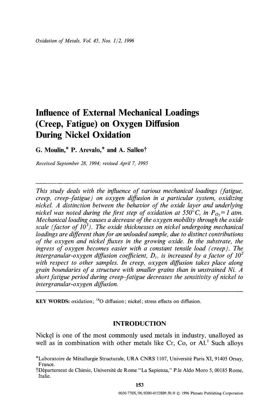 Influence of external mechanical loadings (creep, fatigue) on oxygen diffusion during nickel oxidation by Unknown