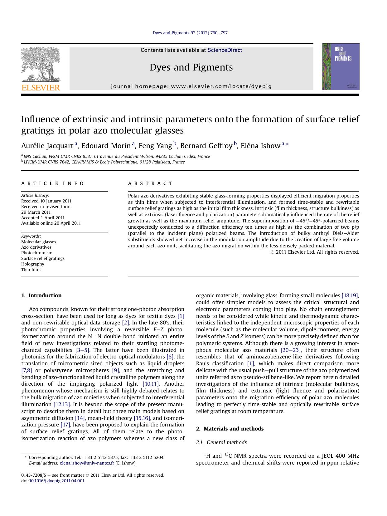 Influence of extrinsic and intrinsic parameters onto the formation of surface relief gratings in polar azo molecular glasses by Aurélie Jacquart & Edouard Morin & Feng Yang & Bernard Geffroy & Eléna Ishow
