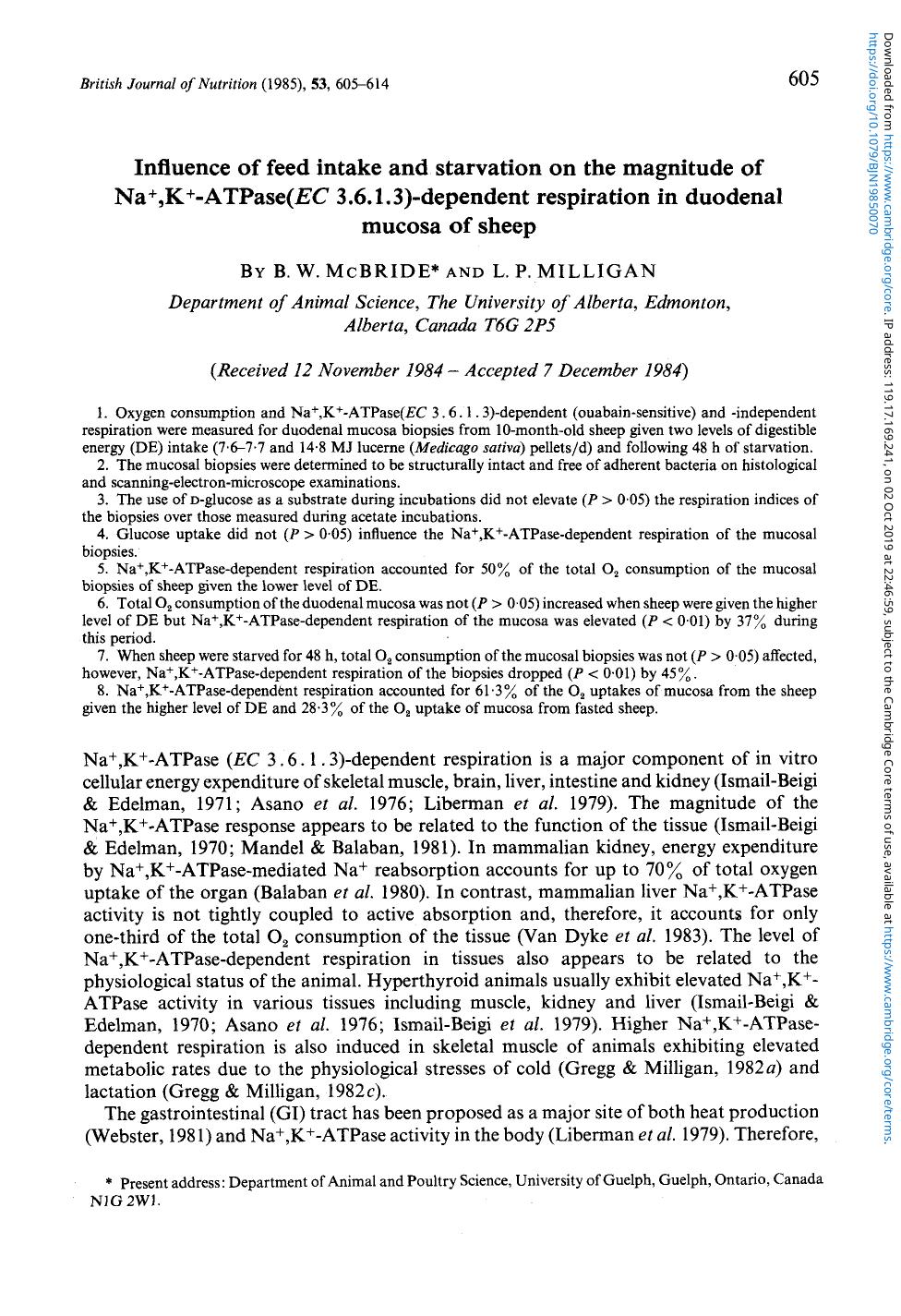 Influence of feed intake and starvation on the magnitude of Na,K-ATPase(EC 3.6.1.3)-dependent respiration in duodenal mucosa of sheep by B. W. McBride & L. P. Milligan