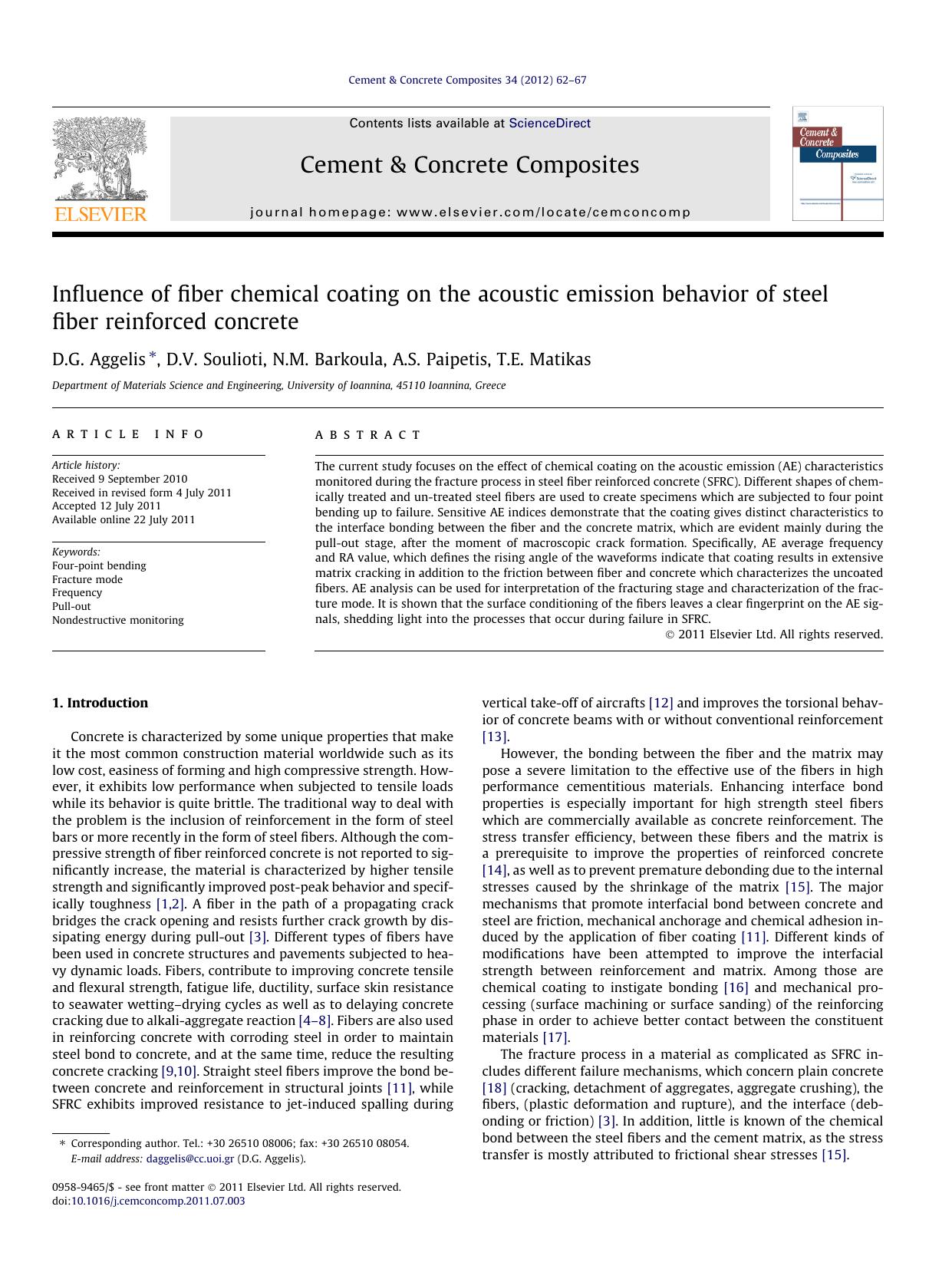 Influence of fiber chemical coating on the acoustic emission behavior of steel fiber reinforced concrete by D.G. Aggelis & D.V. Soulioti & N.M. Barkoula & A.S. Paipetis & T.E. Matikas