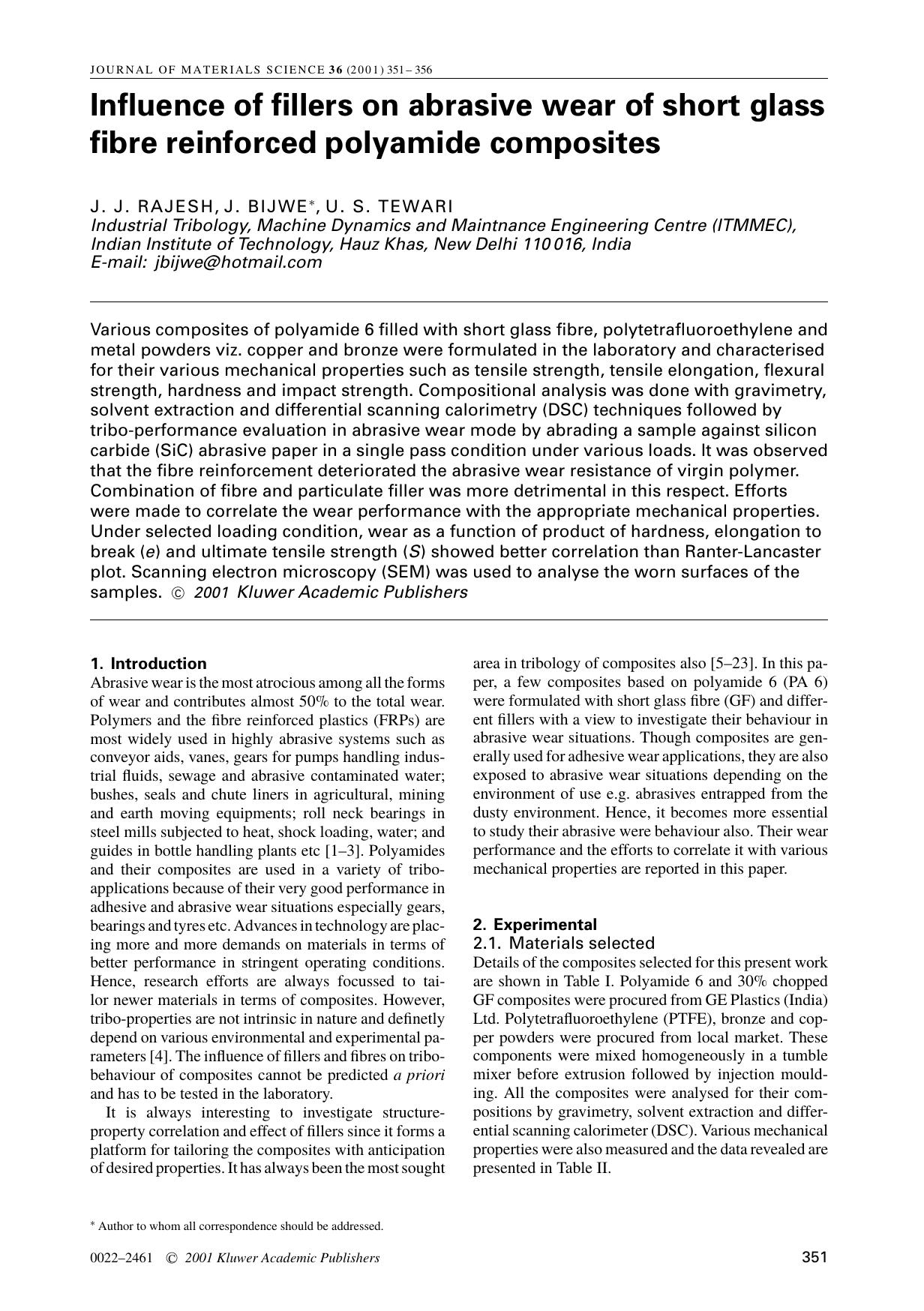 Influence of fillers on abrasive wear of short glass fibre reinforced polyamide composites by Unknown