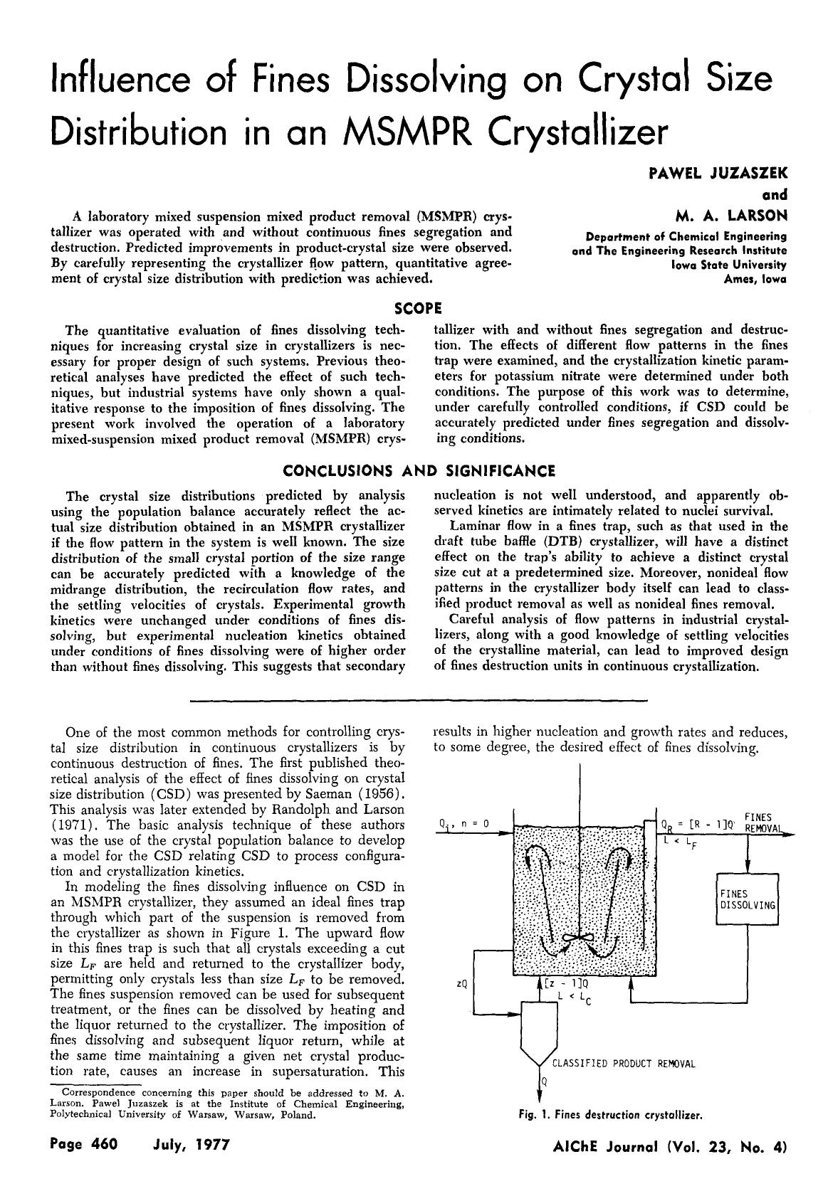 Influence of fines dissolving on crystal size distribution in an MSMPR crystallizer by Unknown
