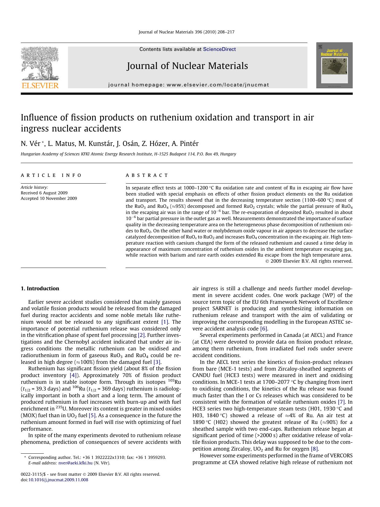 Influence of fission products on ruthenium oxidation and transport in air ingress nuclear accidents by N. Vér; L. Matus; M. Kunstár; J. Osán; Z. Hózer; A. Pintér
