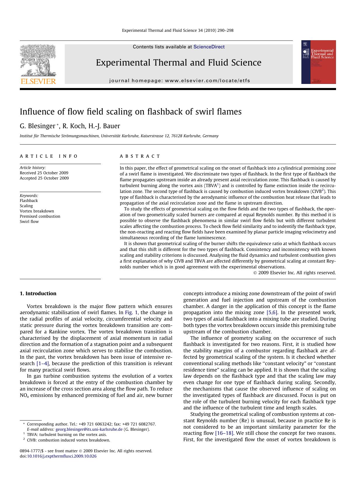 Influence of flow field scaling on flashback of swirl flames by G. Blesinger; R. Koch; H.-J. Bauer