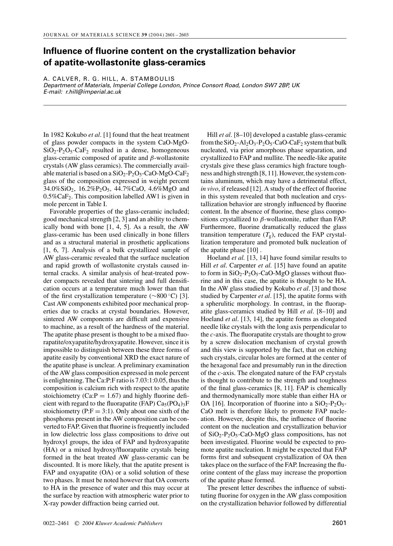 Influence of fluorine content on the crystallization behavior of apatite-wollastonite glass-ceramics by Unknown