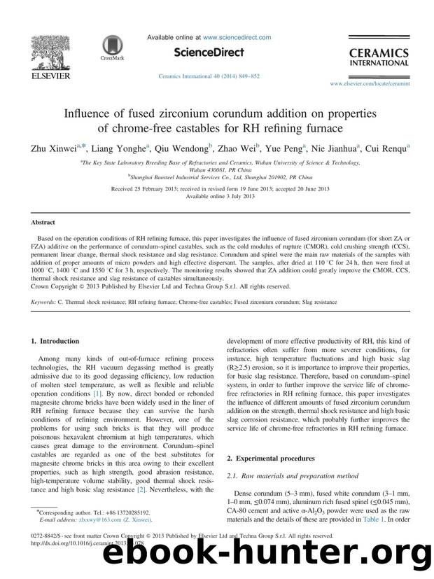 Influence of fused zirconium corundum addition on properties of chrome-free castables for RH refining furnace by Zhu Xinwei & Liang Yonghe & Qiu Wendong & Zhao Wei & Yue Peng & Nie Jianhua & Cui Renqu