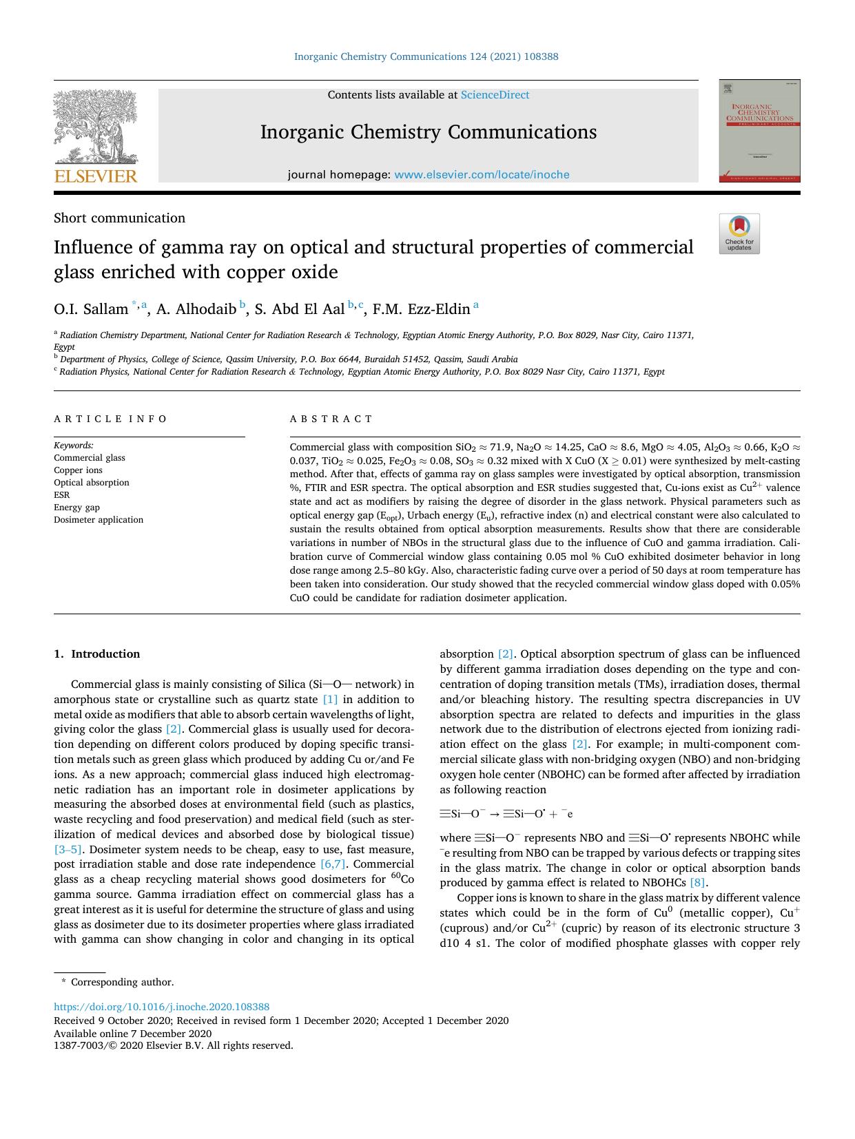 Influence of gamma ray on optical and structural properties of commercial glass enriched with copper oxide by O.I. Sallam