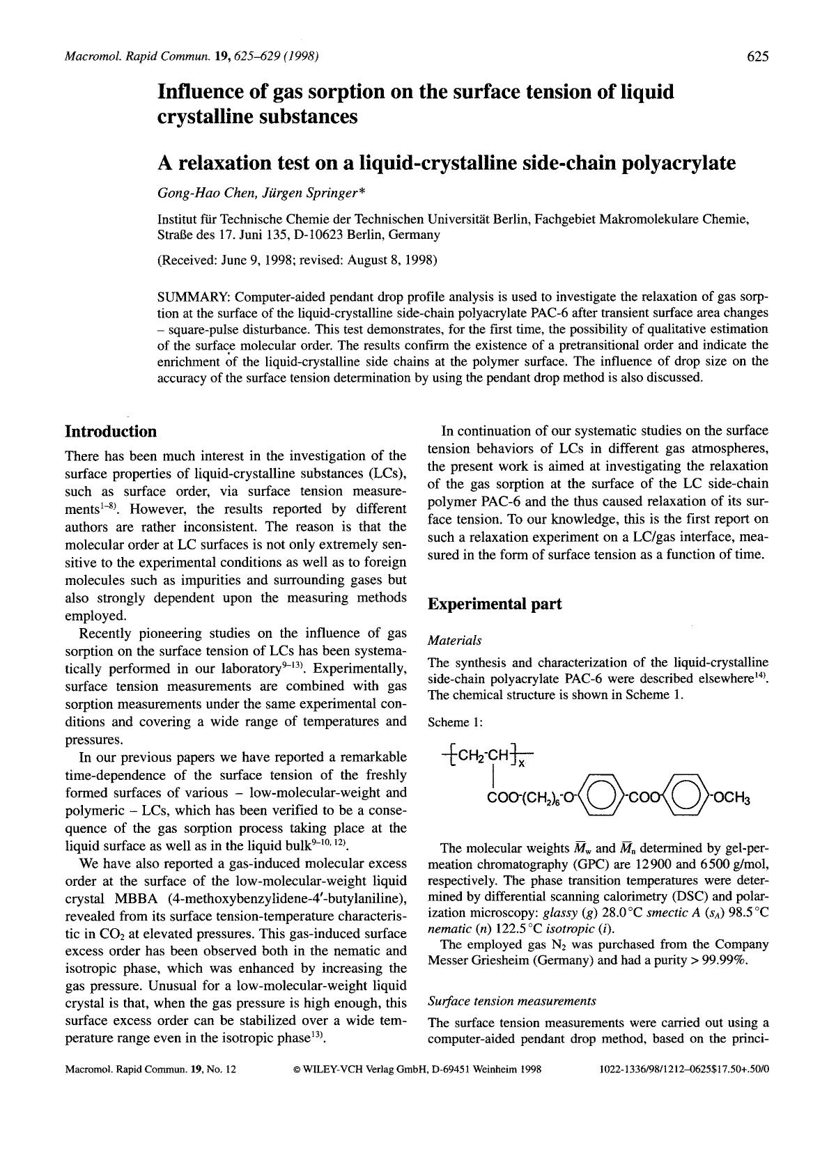 Influence of gas sorption on the surface tension of liquid crystalline substances. A relaxation test on a liquid-crystalline side-chain polyacrylate by Unknown