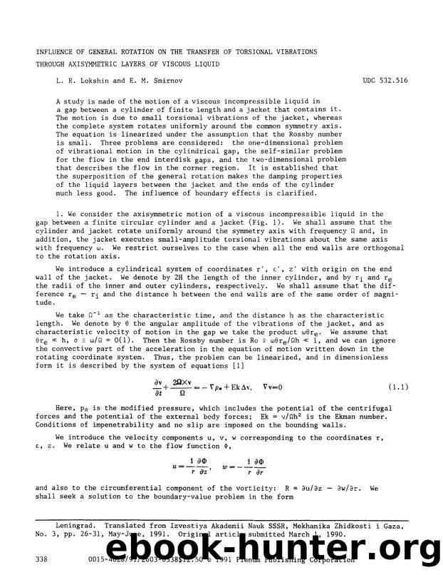 Influence of general rotation on the transfer of torsional vibrations through axisymmetric layers of viscous liquid by Unknown