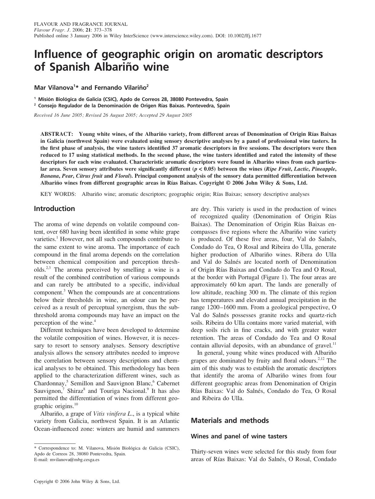 Influence of geographic origin on aromatic descriptors of Spanish AlbariÃ±o wine by Fu