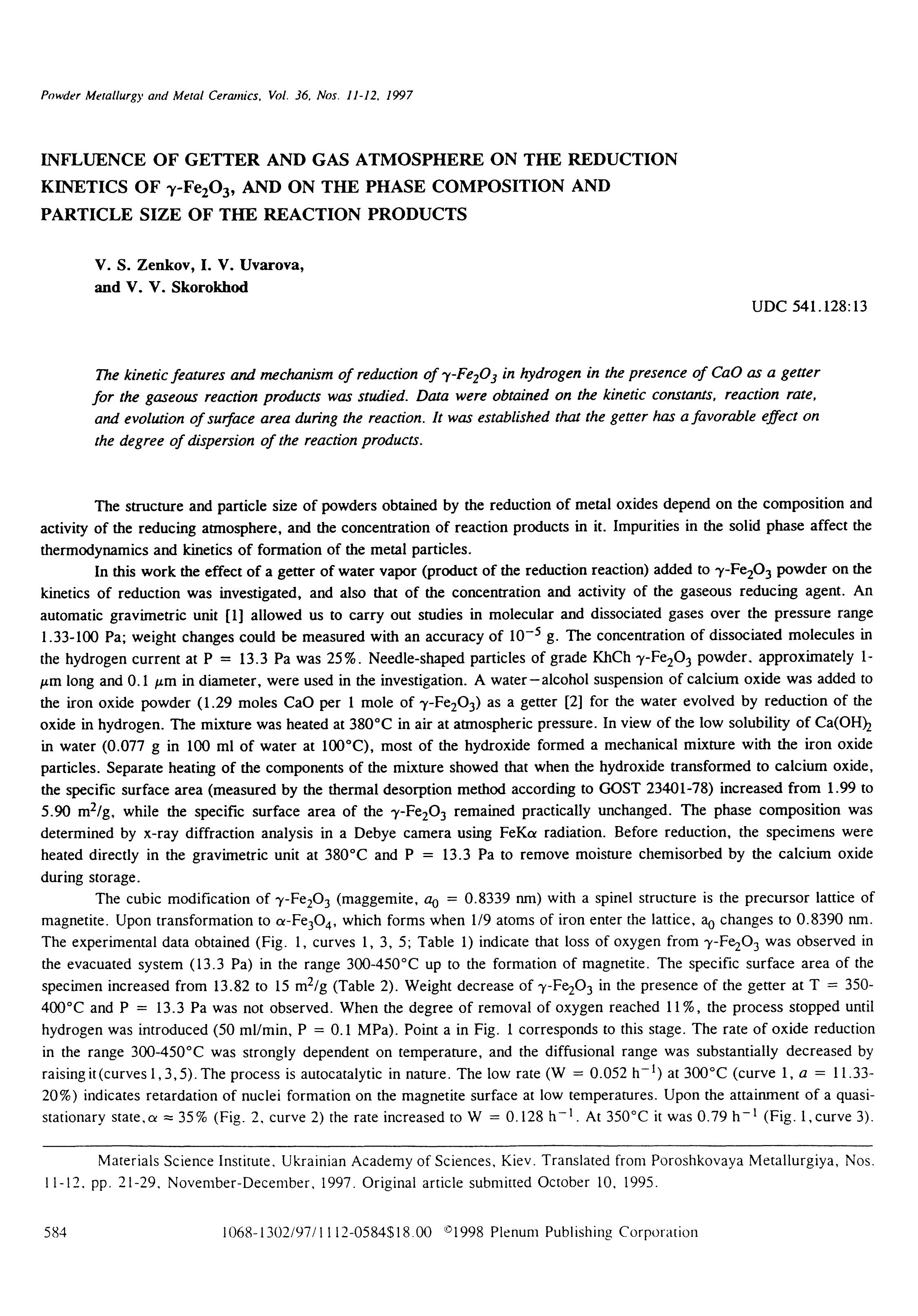 Influence of getter and gas atmosphere on the reduction kinetics of &#x03B3;-Fe <Subscript>2 <Subscript>O <Subscript>3 <Subscript>, and on the phase composition and particle size o by Unknown