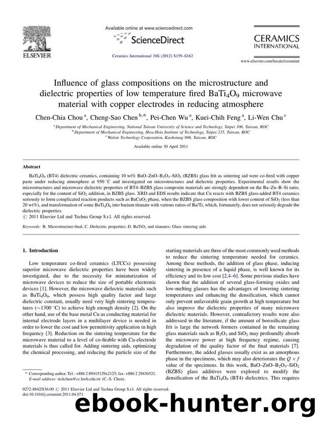 Influence of glass compositions on the microstructure and dielectric properties of low temperature fired BaTi4O9 microwave material with copper electrodes in reducing atmosphere by Chen-Chia Chou