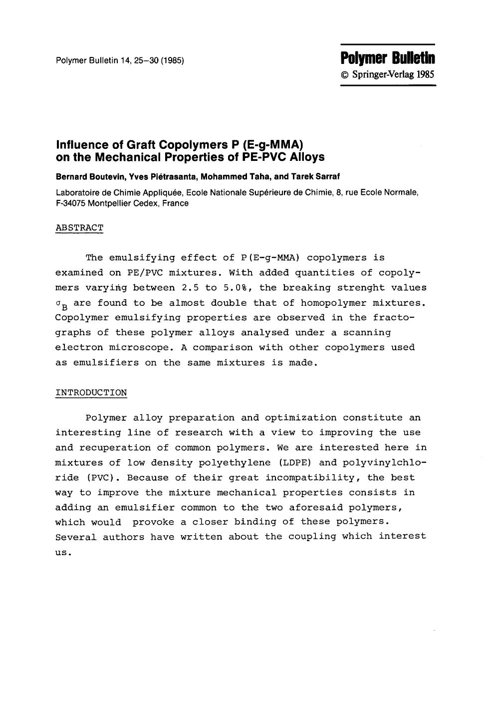 Influence of graft copolymers P (E-g-MMA) on the mechanical properties of PE-PVC alloys by Unknown