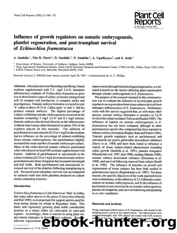 Influence of growth regulators on somatic embryogenesis, plantlet regeneration, and post-transplant survival of <Emphasis Type="Italic">Echinochloa frumentacea<Emphasis> by Unknown