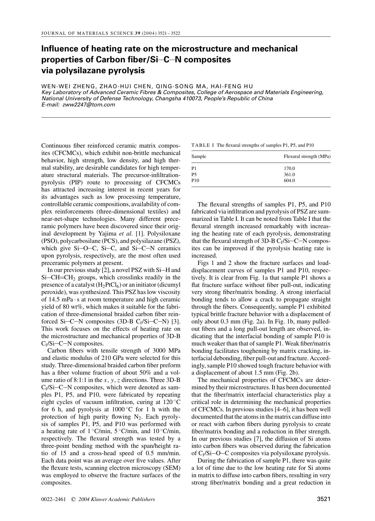 Influence of heating rate on the microstructure and mechanical properties of Carbon fiberSi–C–N composites via polysilazane pyrolysis by Unknown