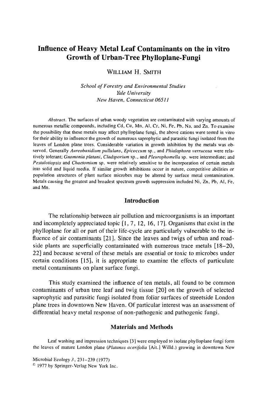 Influence of heavy metal leaf contaminants on the in vitro growth of urban-tree phylloplane-fungi by Unknown