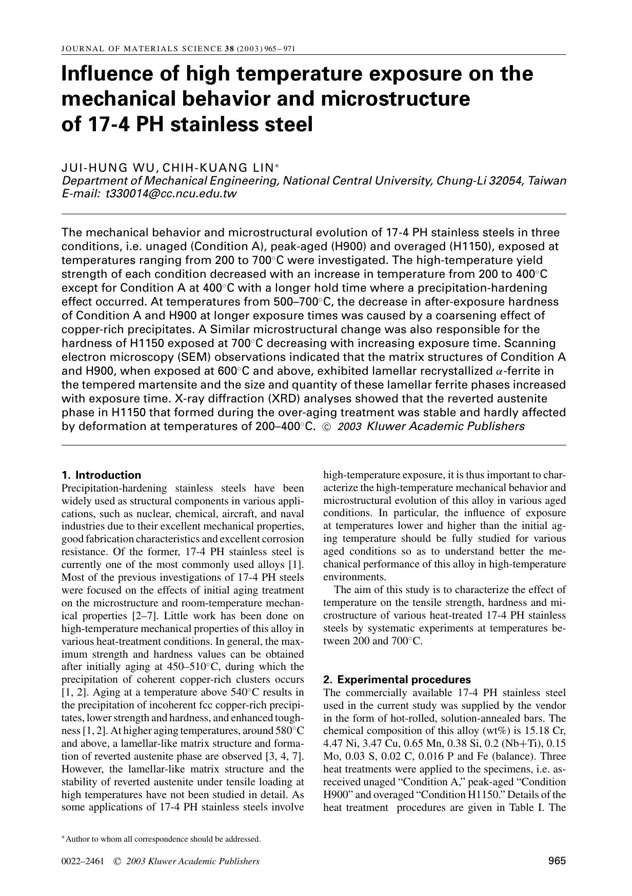Influence of high temperature exposure on the mechanical behavior and microstructure of 17-4 PH stainless steel by Unknown