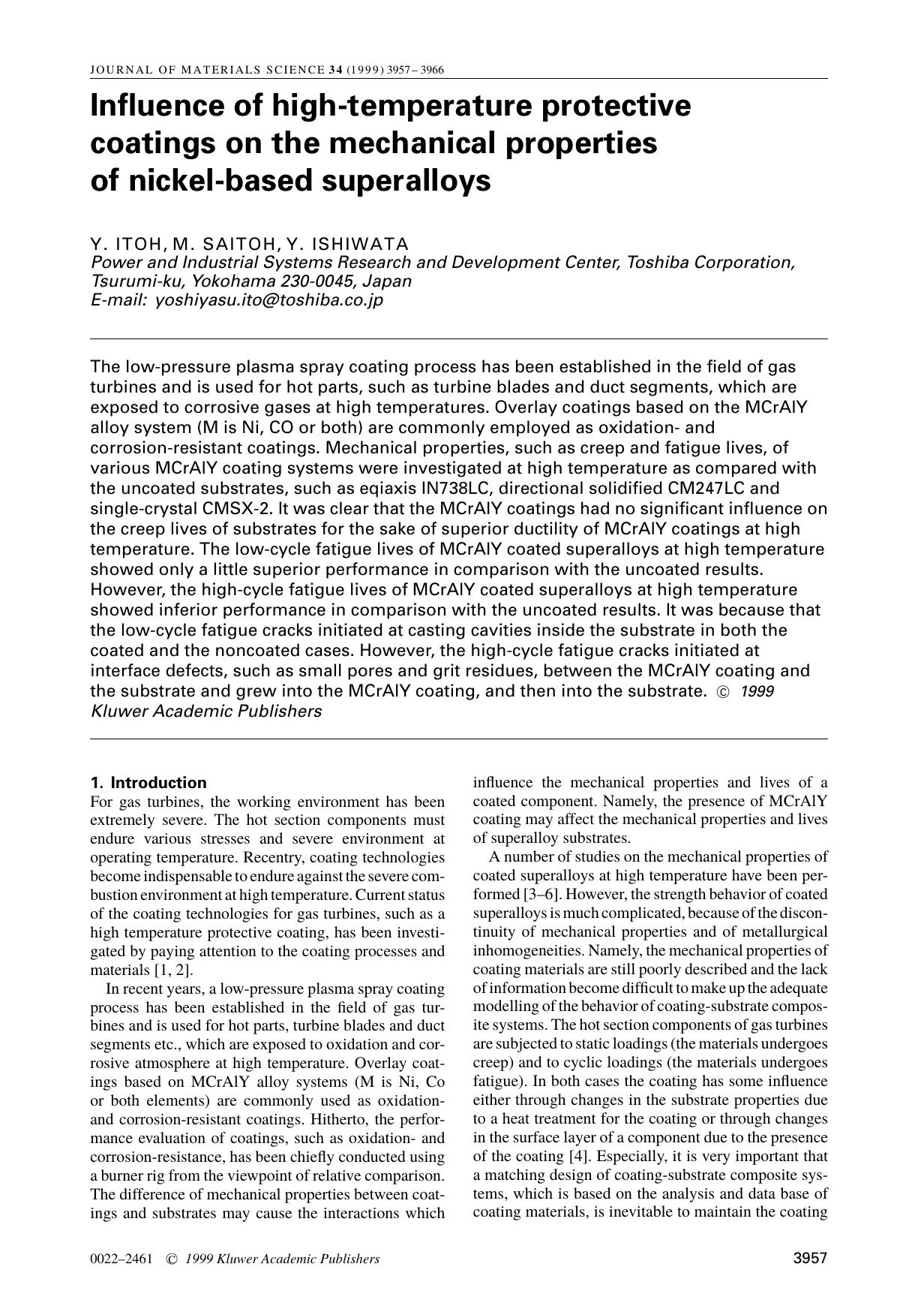 Influence of high-temperature protective coatings on the mechanical properties of nickel-based superalloys by Unknown