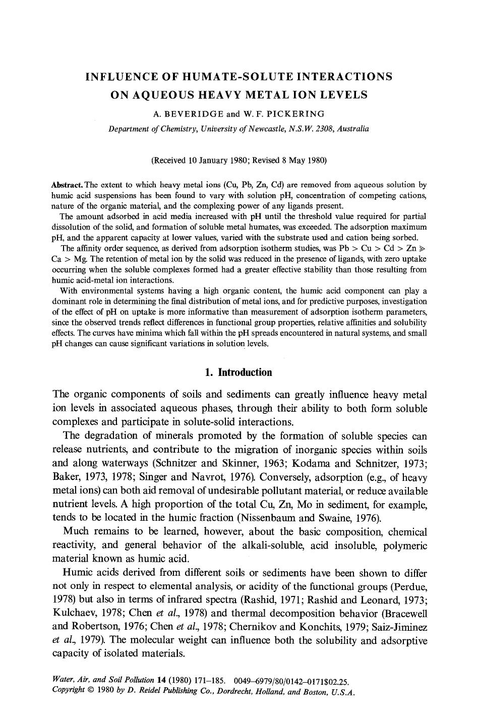 Influence of humate-solute interactions on aqueous heavy metal ion levels by Unknown