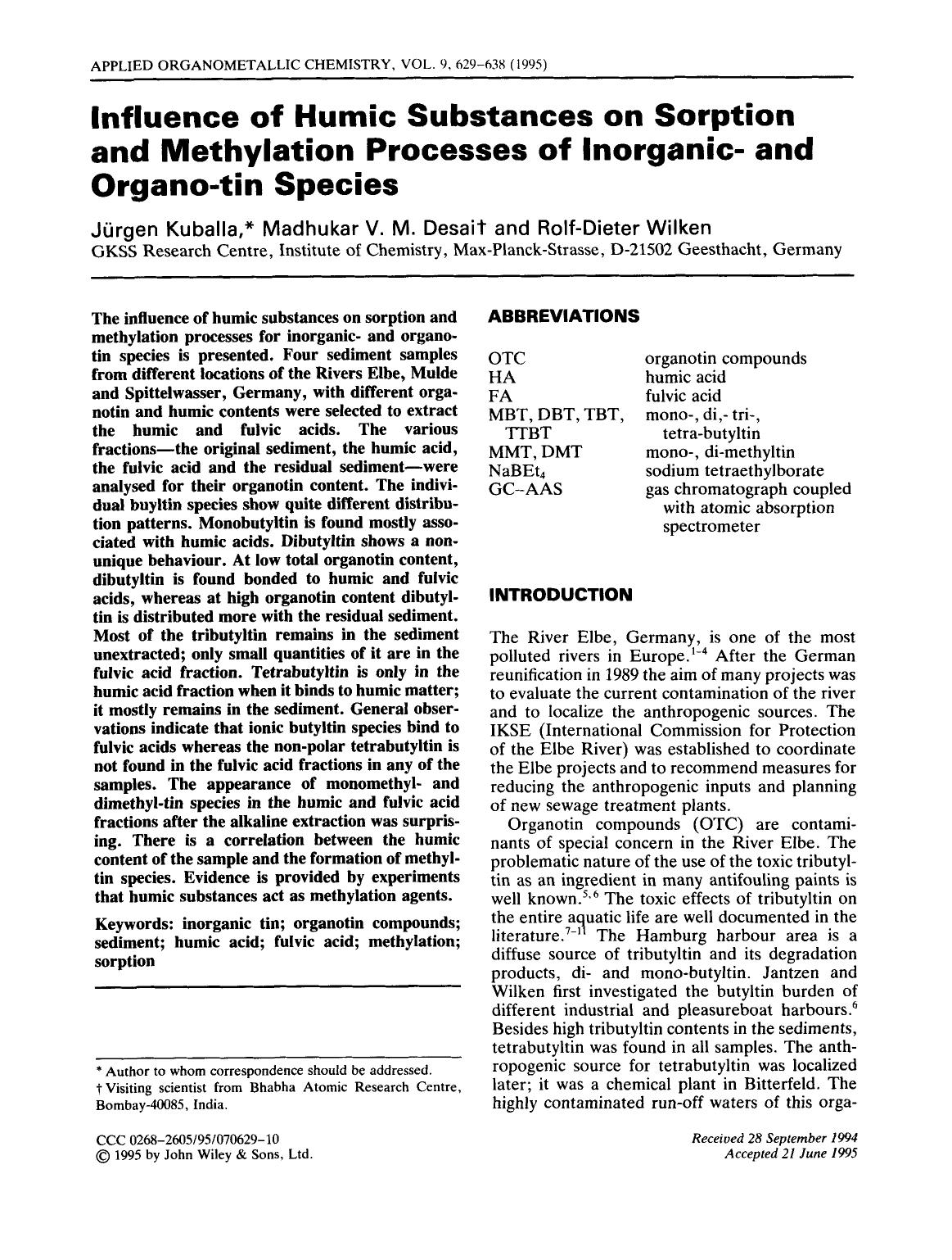 Influence of humic substances on sorption and methylation processes of inorganic- and organo-tin species by Unknown