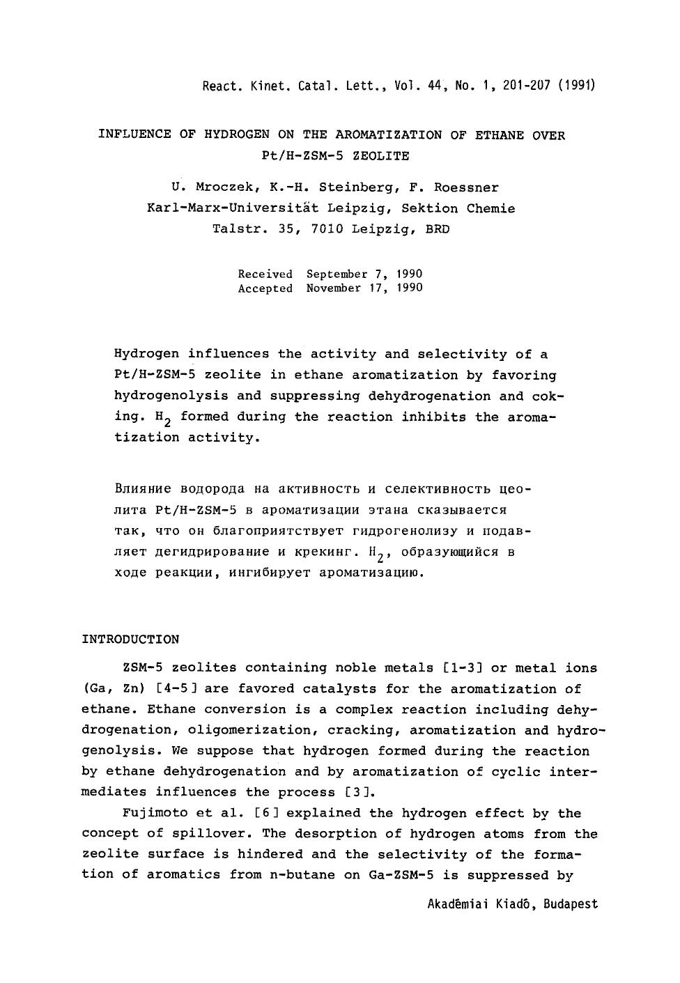 Influence of hydrogen on the aromatization of ethane over PtH-ZSM-5 zeolite by Unknown