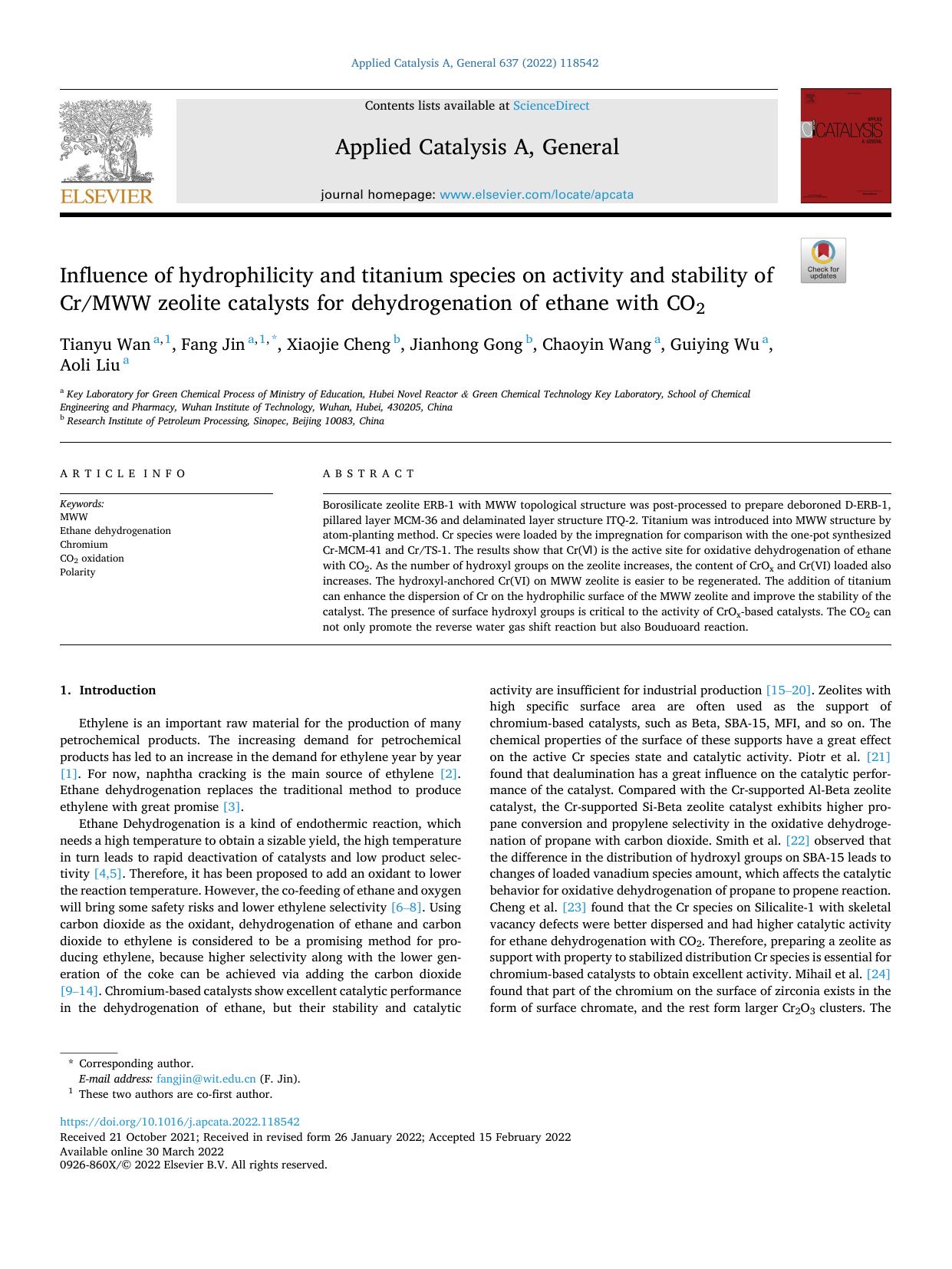 Influence of hydrophilicity and titanium species on activity and stability of CrMWW zeolite catalysts for dehydrogenation of ethane with CO2 by Tianyu Wan & Fang Jin & Xiaojie Cheng & Jianhong Gong & Chaoyin Wang & Guiying Wu & Aoli Liu