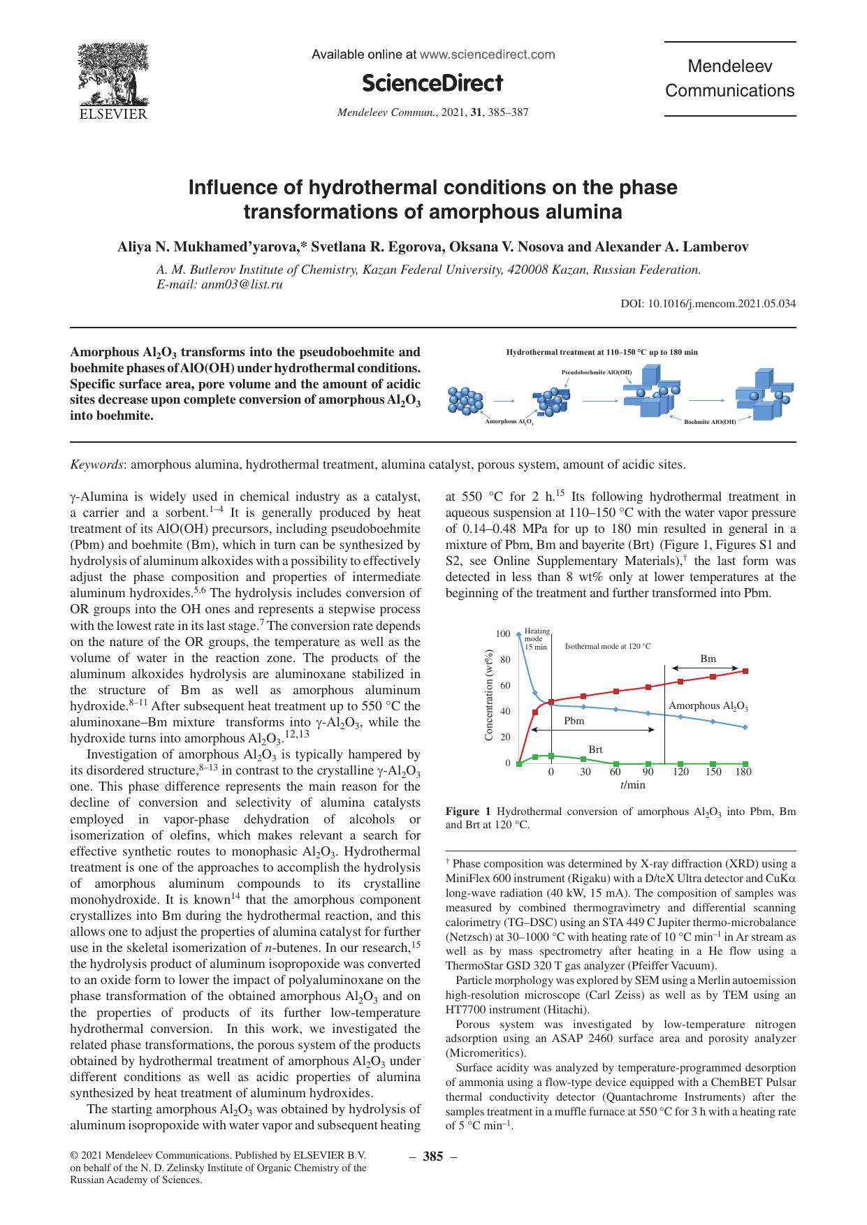 Influence of hydrothermal conditions on the phase transformations of amorphous alumina by Aliya N. Mukhamed’yarova & Svetlana R. Egorova & Oksana V. Nosova & Alexander A. Lamberov