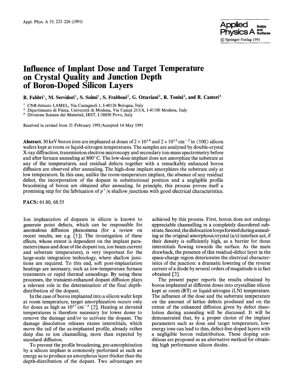 Influence of implant dose and target temperature on crystal quality and junction depth of boron-doped silicon layers by Unknown