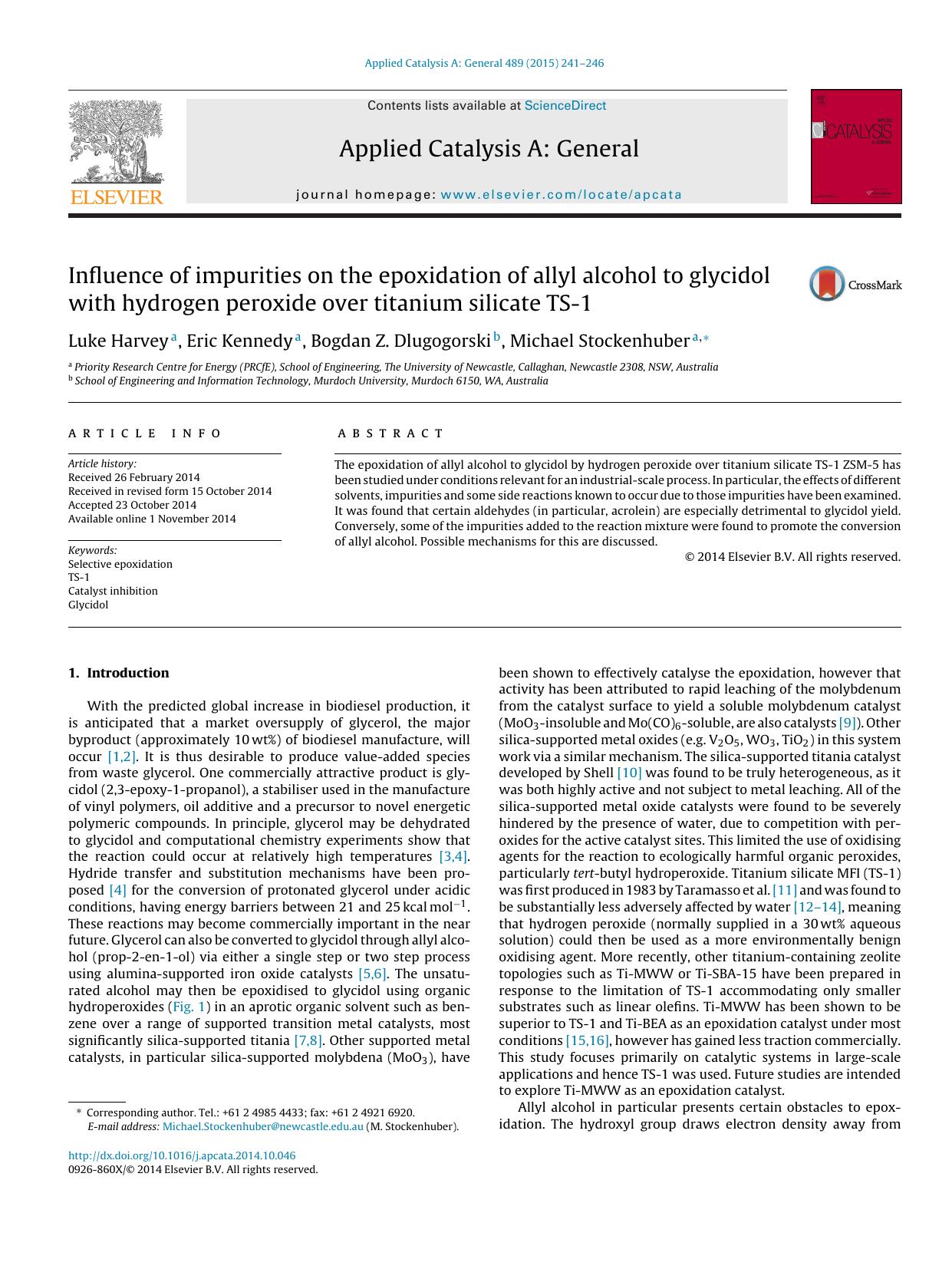 Influence of impurities on the epoxidation of allyl alcohol to glycidol with hydrogen peroxide over titanium silicate TS-1 by Luke Harvey & Eric Kennedy & Bogdan Z. Dlugogorski & Michael Stockenhuber