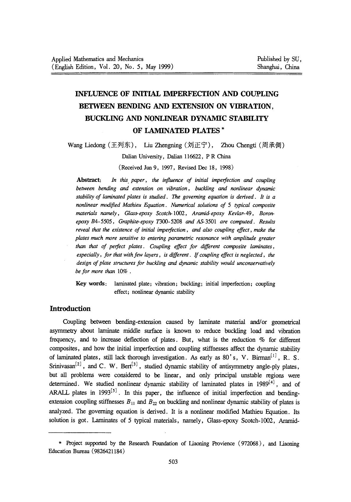 Influence of initial imperfection and coupling between bending and extension on vibration, buckling and nonlinear dynamic stability of laminated plates by Unknown