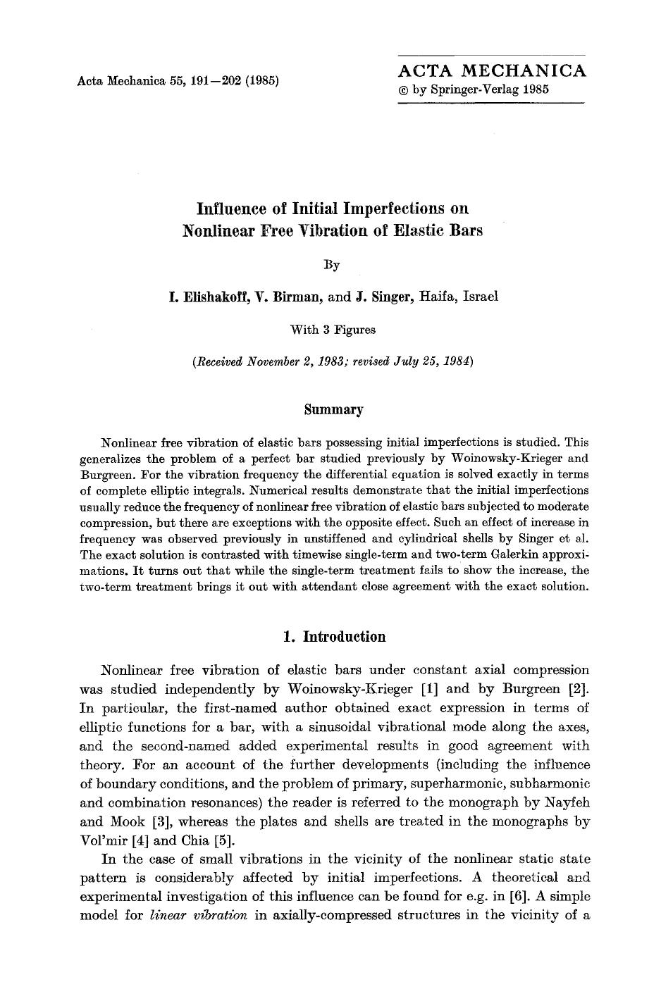 Influence of initial imperfections on nonlinear free vibration of elastic bars by Unknown