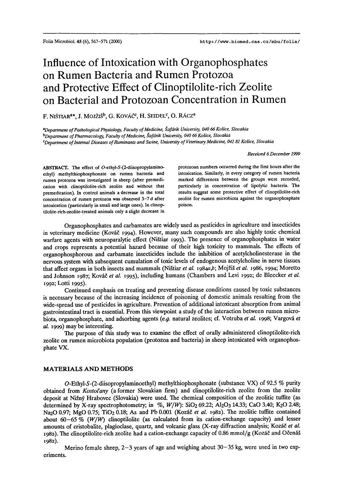 Influence of intoxication with organophosphates on rumen bacteria and rumen protozoa and protective effect of clinoptilolite-rich zeolite on bacterial and protozoan concentration in rumen by Unknown