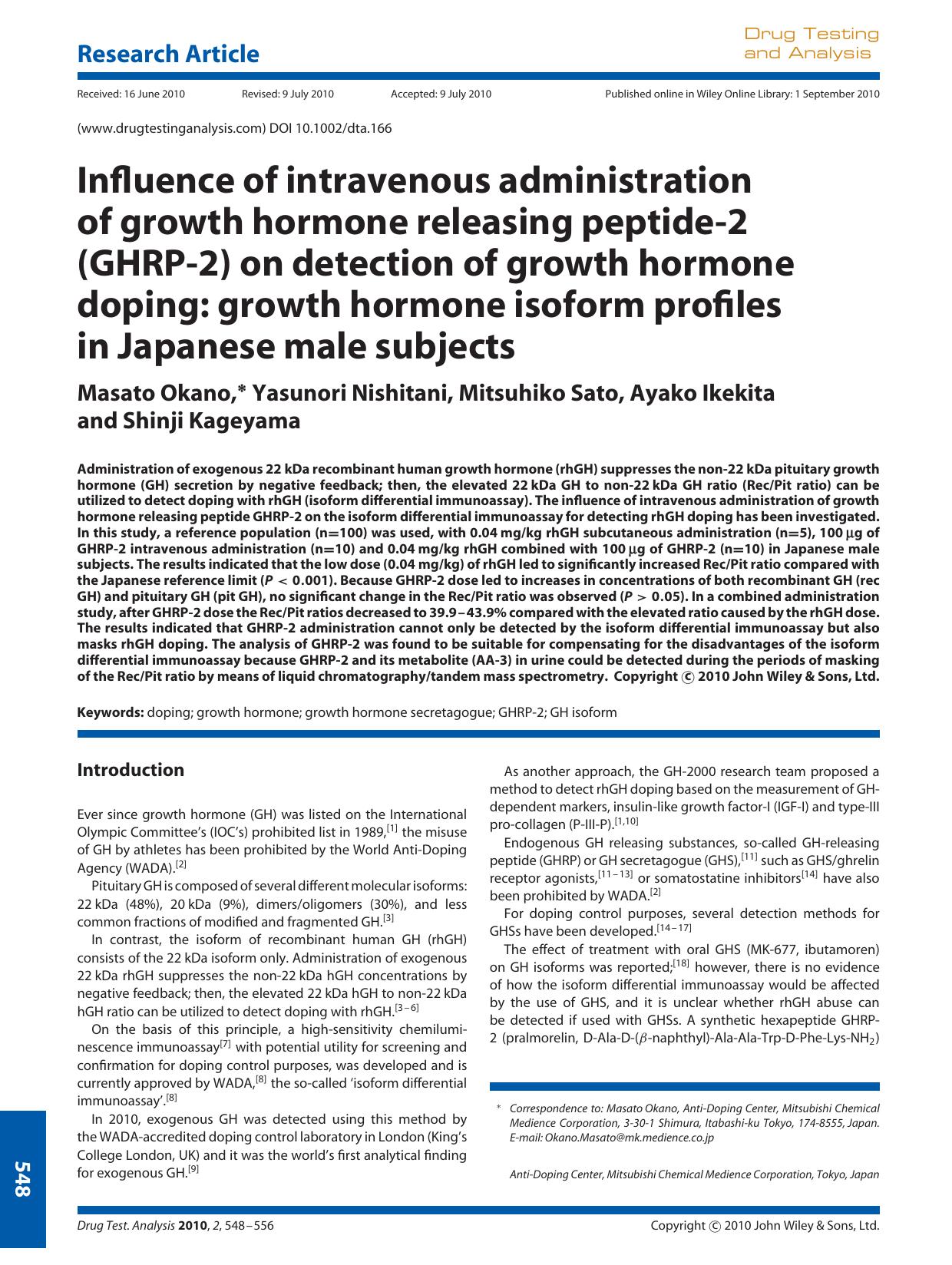Influence of intravenous administration of growth hormone releasing peptide2 (GHRP2) on detection of growth hormone doping: growth hormone isoform profiles in Japanese male subjects by Unknown