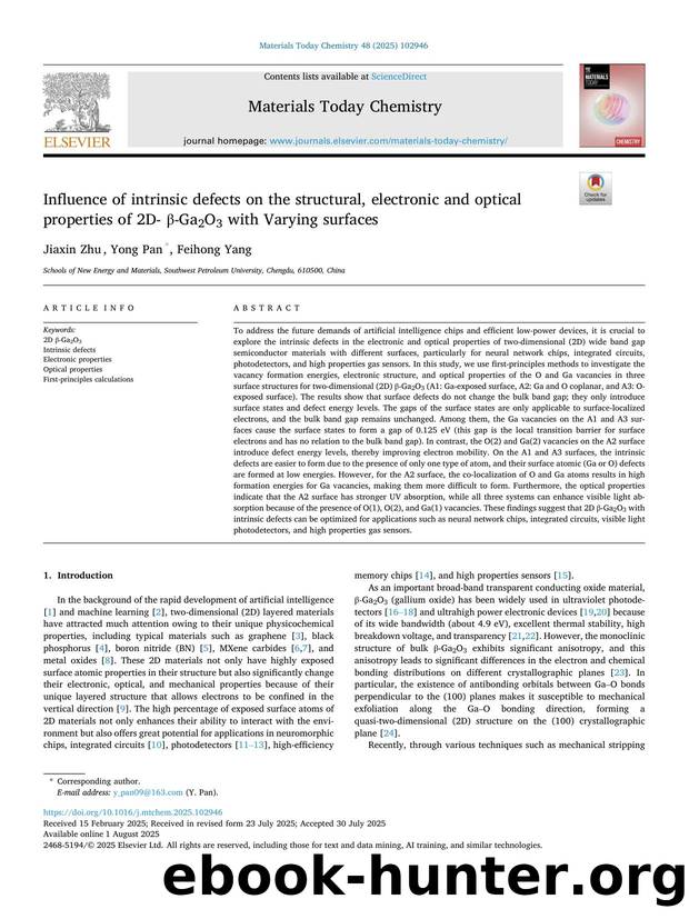 Influence of intrinsic defects on the structural, electronic and optical properties of 2D- Î²-Ga2O3 with Varying surfaces by Jiaxin Zhu & Yong Pan & Feihong Yang