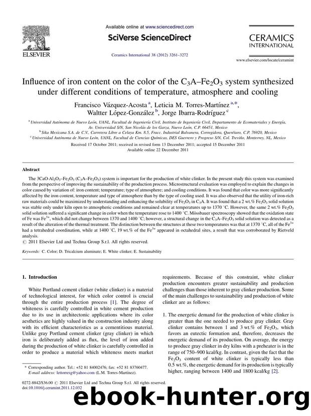 Influence of iron content on the color of the C3AâFe2O3 system synthesized under different conditions of temperature, atmosphere and cooling by Francisco Vázquez-Acosta