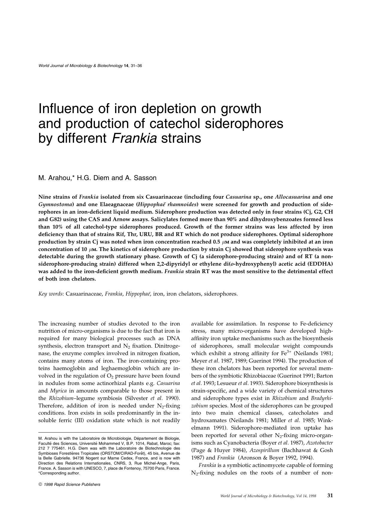 Influence of iron depletion on growth and production of catechol siderophores by different Frankia strains by Unknown