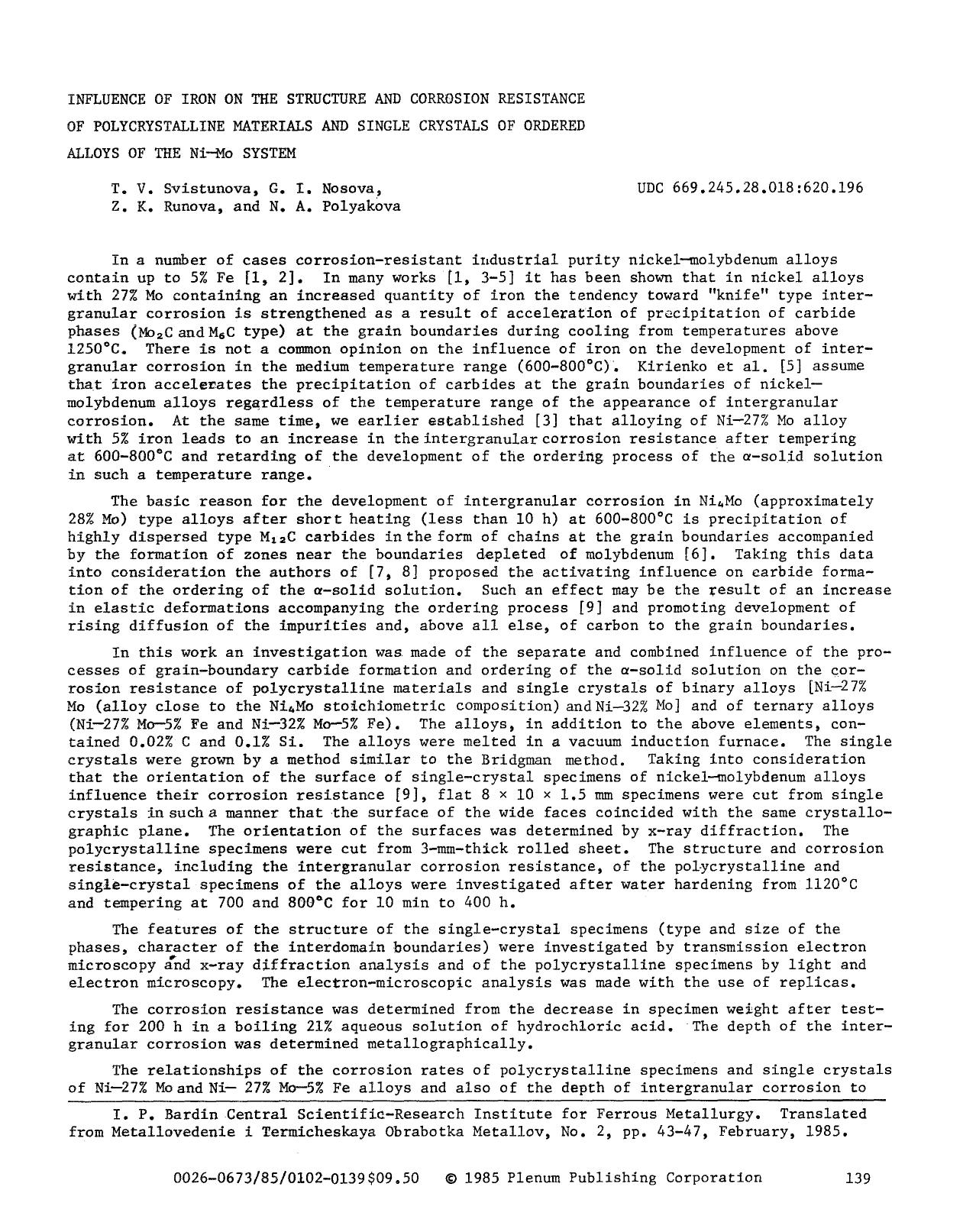 Influence of iron on the structure and corrosion resistance of polycrystalline materials and single crystals of ordered alloys of the Ni−Mo system by Unknown