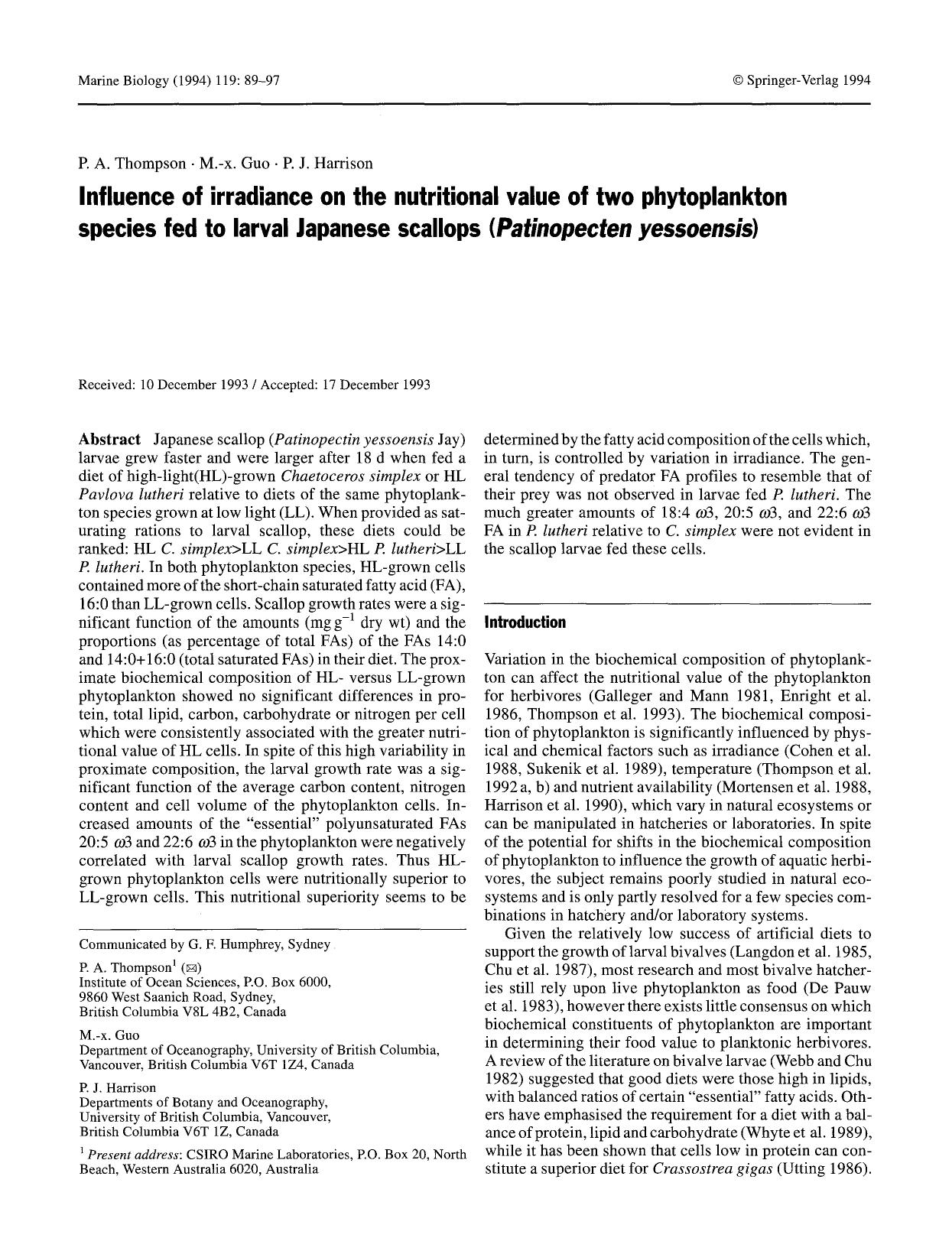 Influence of irradiance on the nutritional value of two phytoplankton species fed to larval Japanese scallops (<Emphasis Type="Italic">Patinopecten yessoensis<Emphasis>) by Unknown