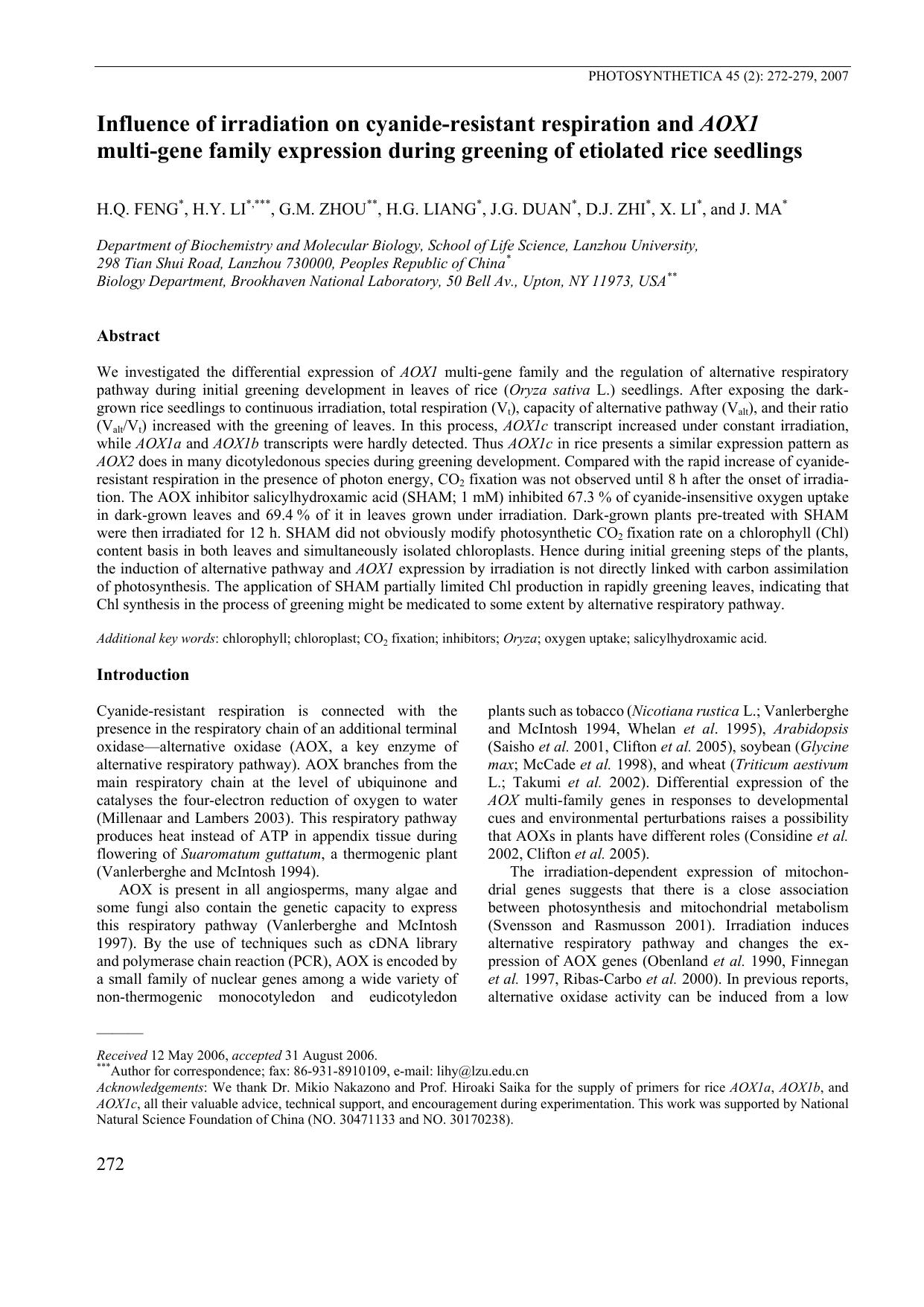 Influence of irradiation on cyanide-resistant respiration and <Emphasis Type="Italic">AOX1<Emphasis> multi-gene family expression during greening of etiolated rice seedlings by Unknown