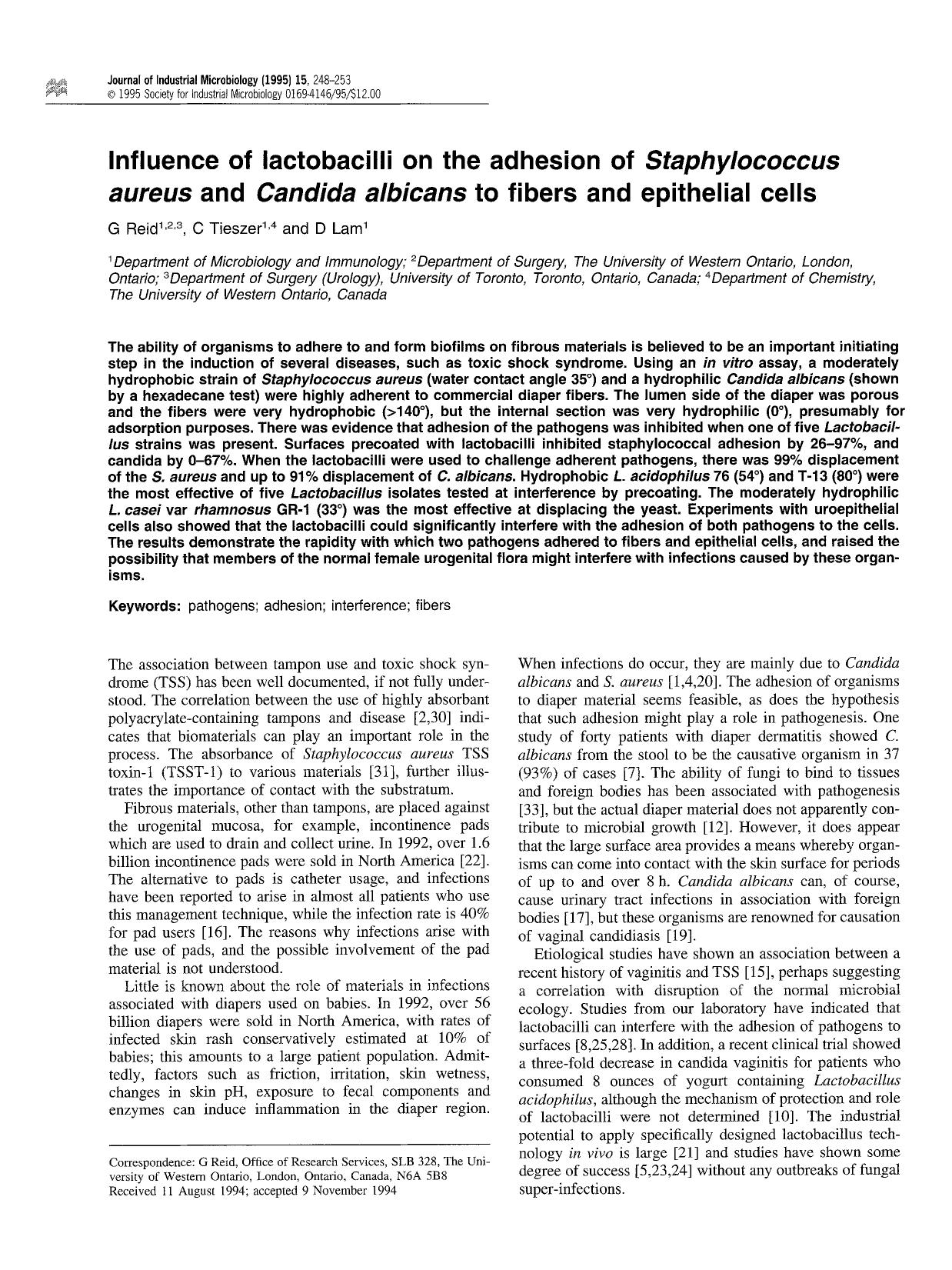 Influence of lactobacilli on the adhesion of <Emphasis Type="Italic">Staphylococcus aureus <Emphasis> and <Emphasis Type="Italic">Candida albicans <Emphasis> to fibers and epithelial cells by Unknown