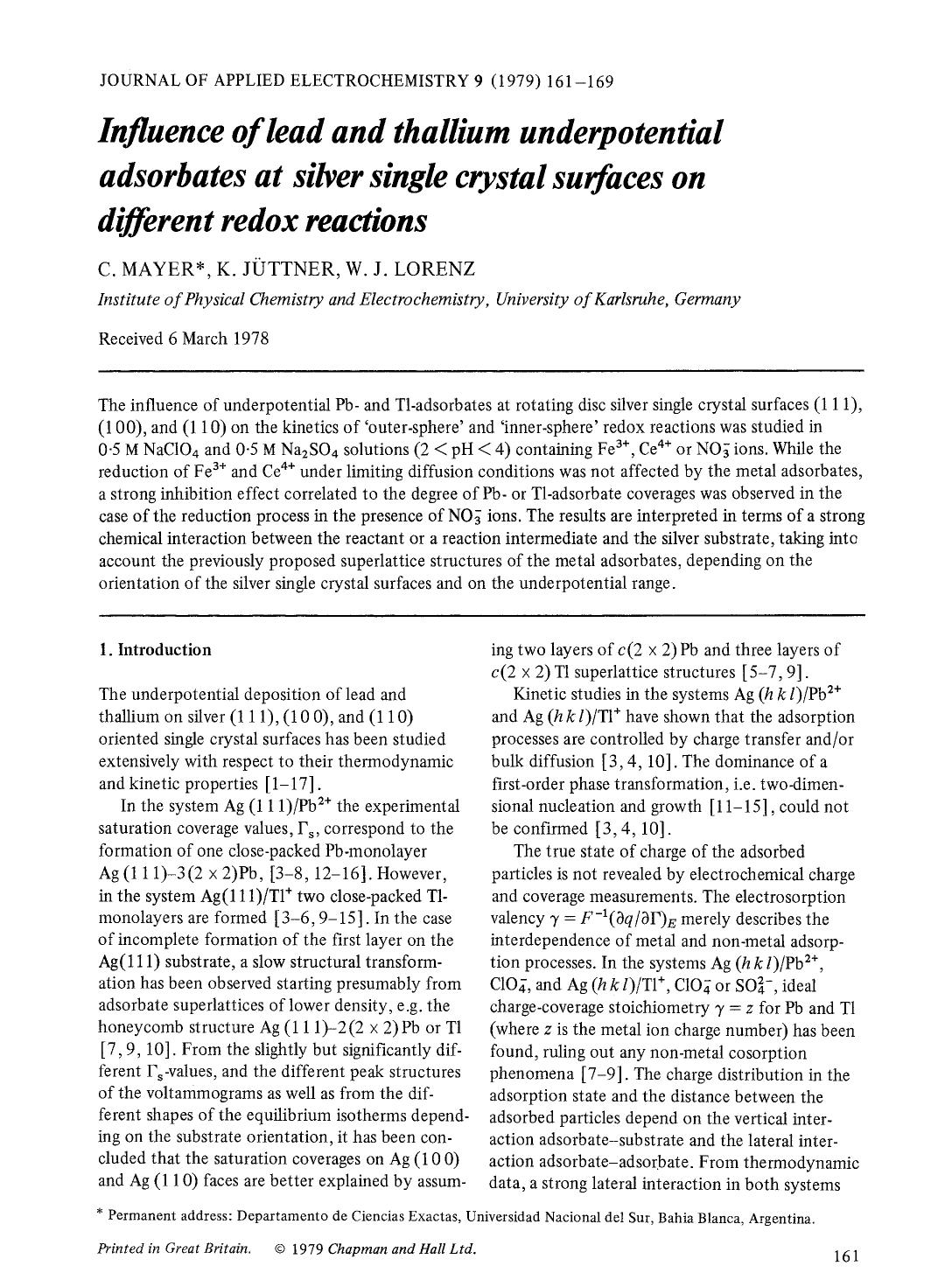 Influence of lead and thallium underpotential adsorbates at silver single crystal surfaces on different redox reactions by Unknown