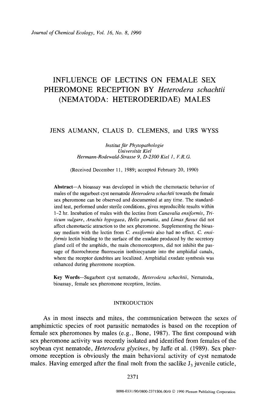 Influence of lectins on female sex pheromone reception by <Emphasis Type="Italic">Heterodera schachtii <Emphasis> (Nematoda: Heteroderidae) males by Unknown